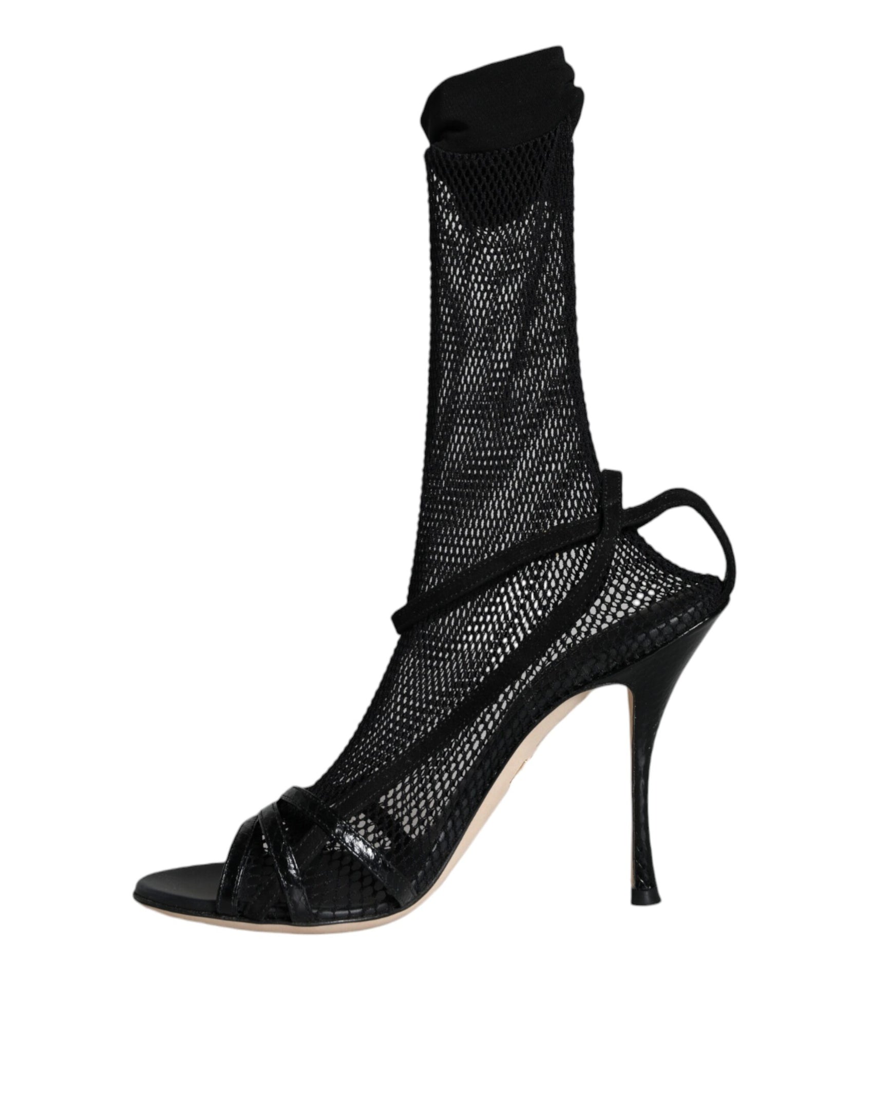 Schwarze Mesh-Stiletto-Absatz-Sandalen