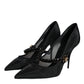 Black Mesh Mary Jane Crystal Heel Pumps Shoes