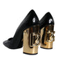 Black Gold Patent Leather Logo Heels Pumps Shoes