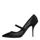 Black Mesh Mary Jane Crystal Heel Pumps Shoes