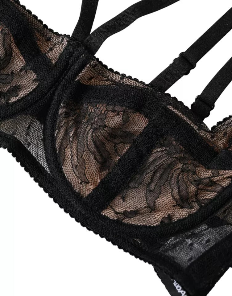 Schwarzer Balconcino-BH aus Nylon mit Blumenspitze