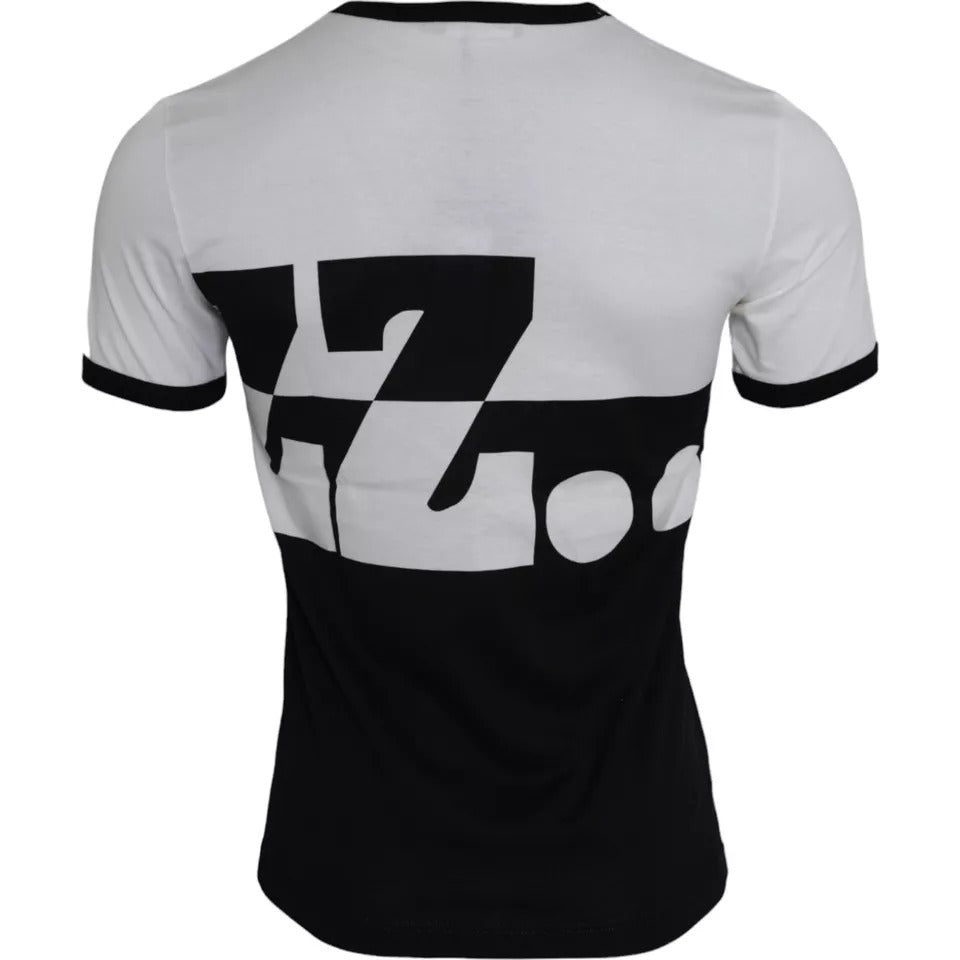 Schwarz-weißes T-Shirt aus Baumwolle mit kurzen Ärmeln und Jazz-Print
