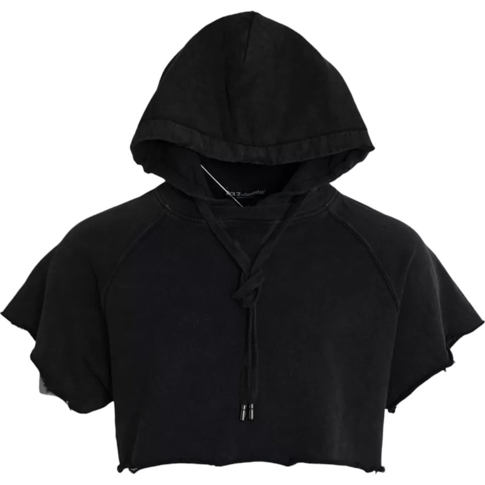 Schwarzes, kurzes T-Shirt aus Baumwolle mit Kapuze und kurzen Ärmeln