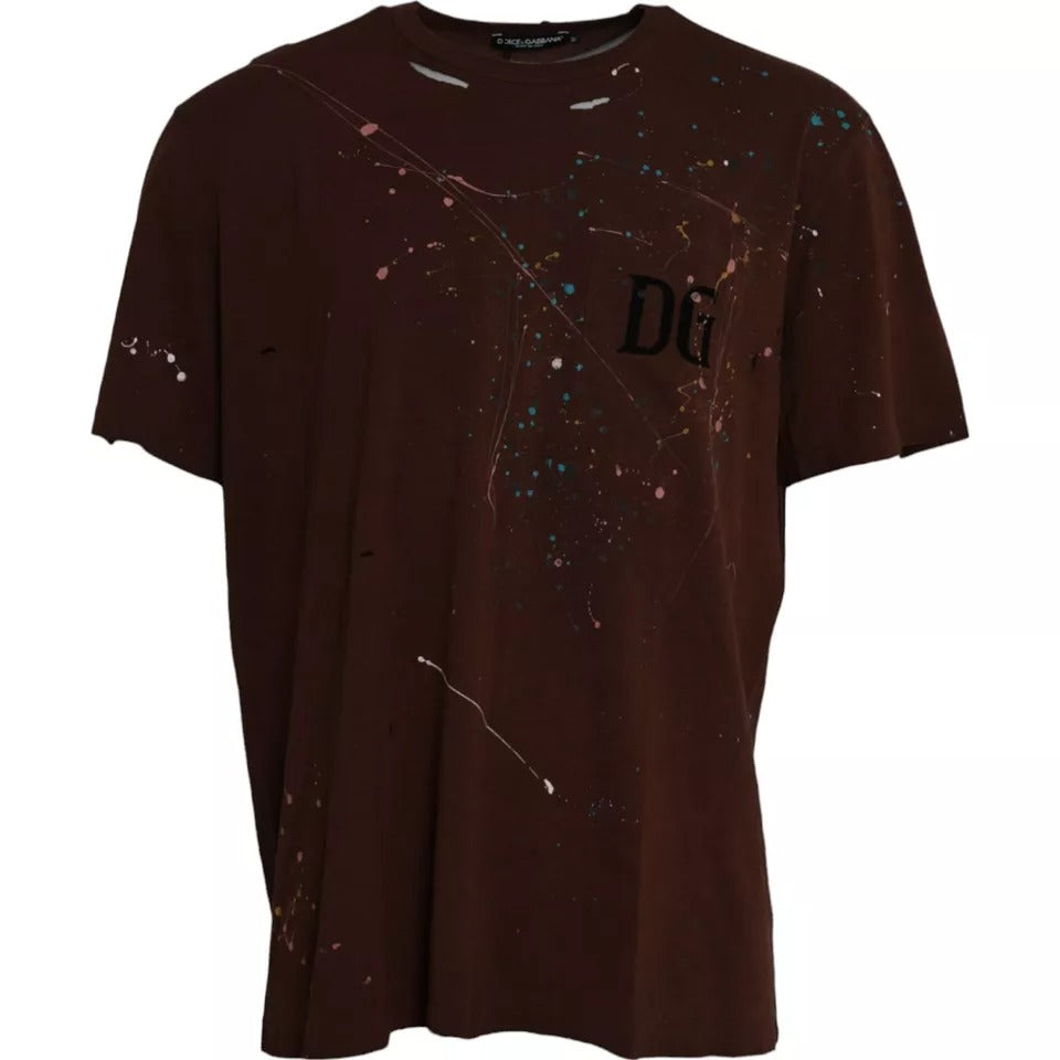 Braunes Color Splash Baumwoll-T-Shirt mit Rundhalsausschnitt