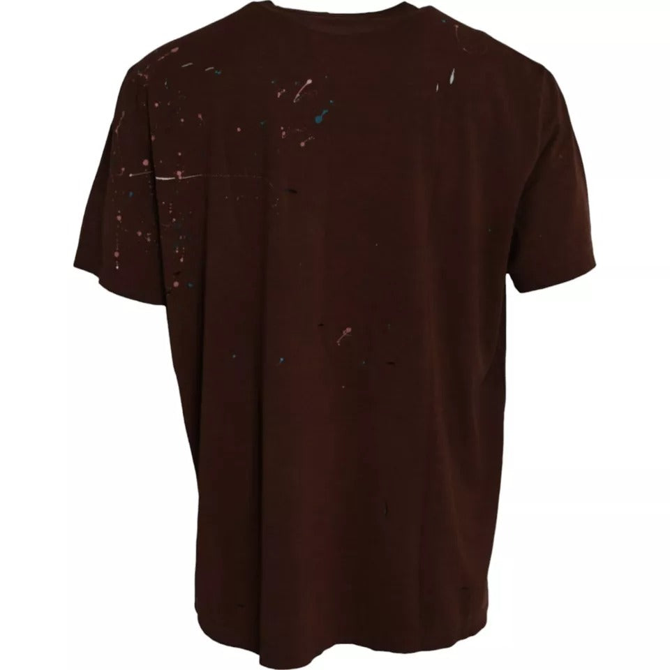 Braunes Color Splash Baumwoll-T-Shirt mit Rundhalsausschnitt