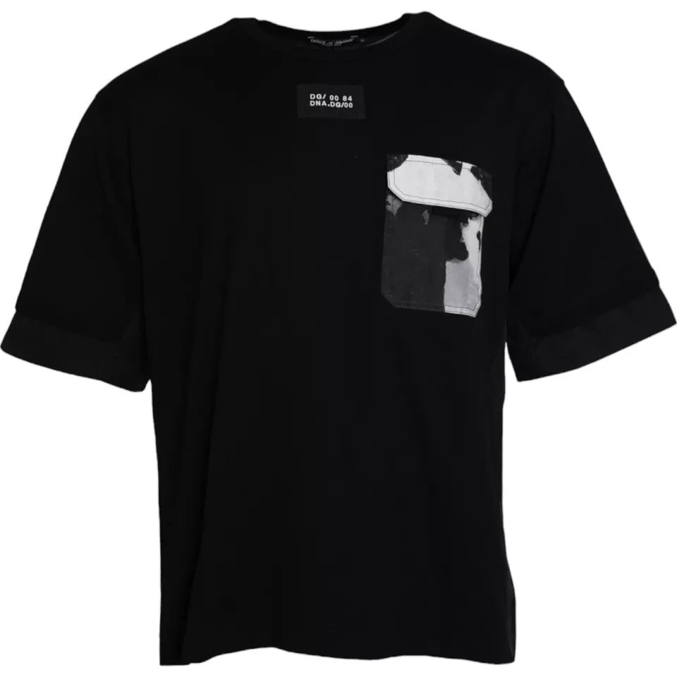 Schwarzes Herren-T-Shirt mit kurzen Ärmeln und Tasche aus Baumwolle