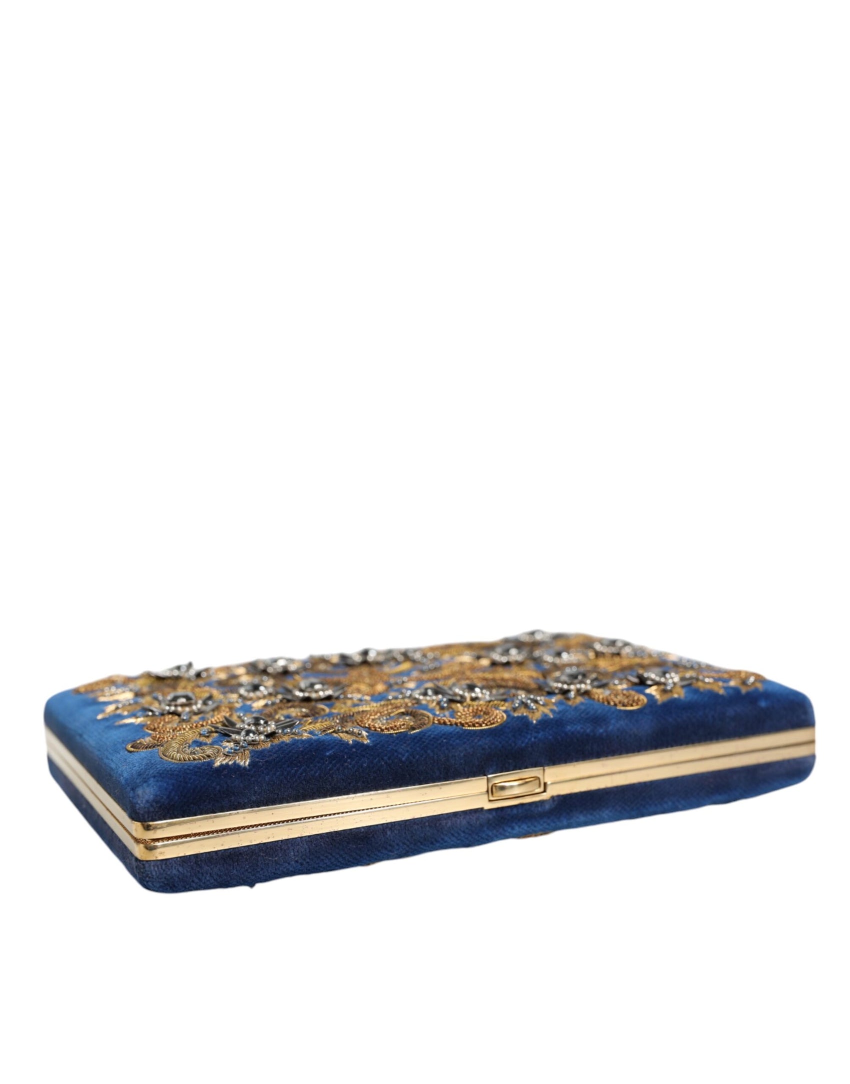 Blaue Clutch aus Samt mit Goldrahmen, für Abendveranstaltungen, Partys