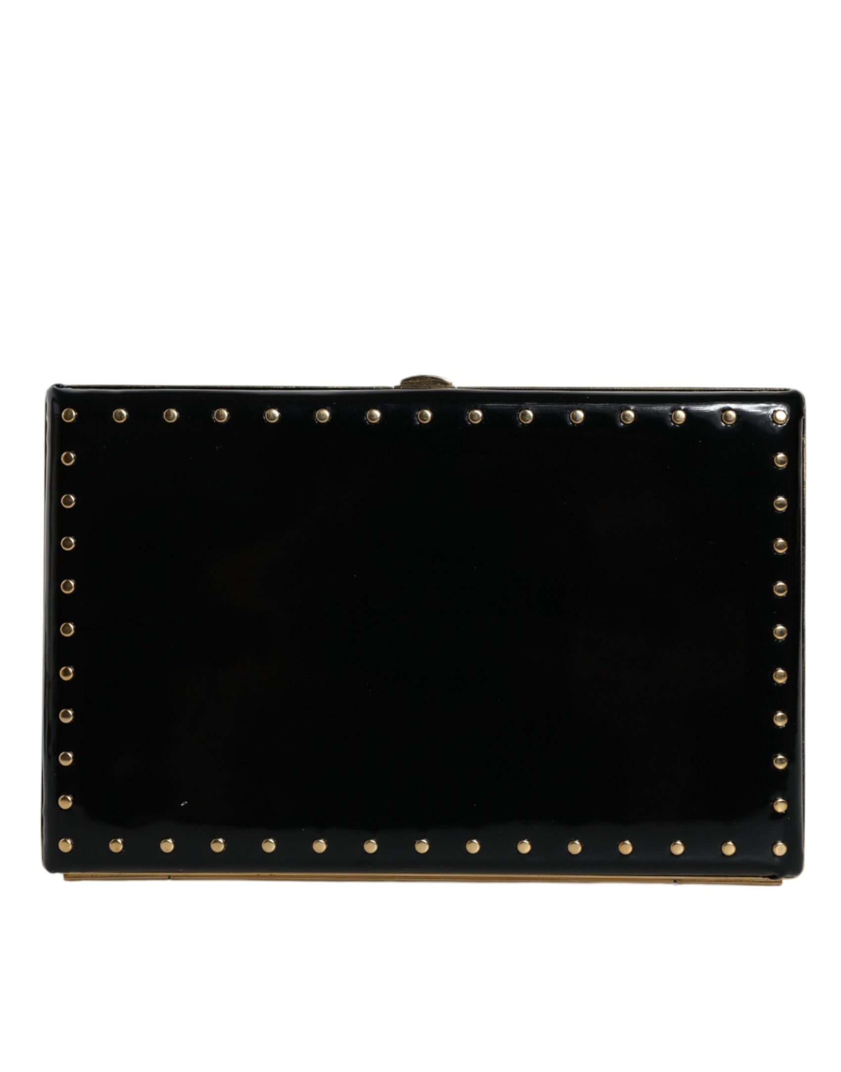 Schwarze Leder-Clutch mit goldenem Rahmen und Nieten, Abendtasche