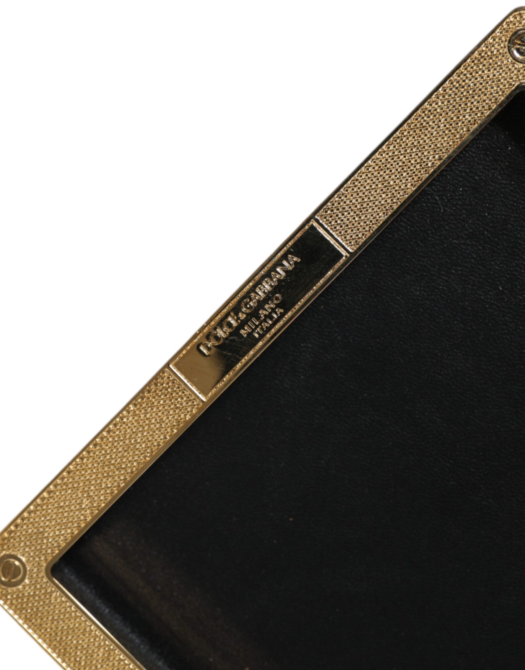 Schwarze Leder-Clutch mit goldenem Rahmen und Nieten, Abendtasche