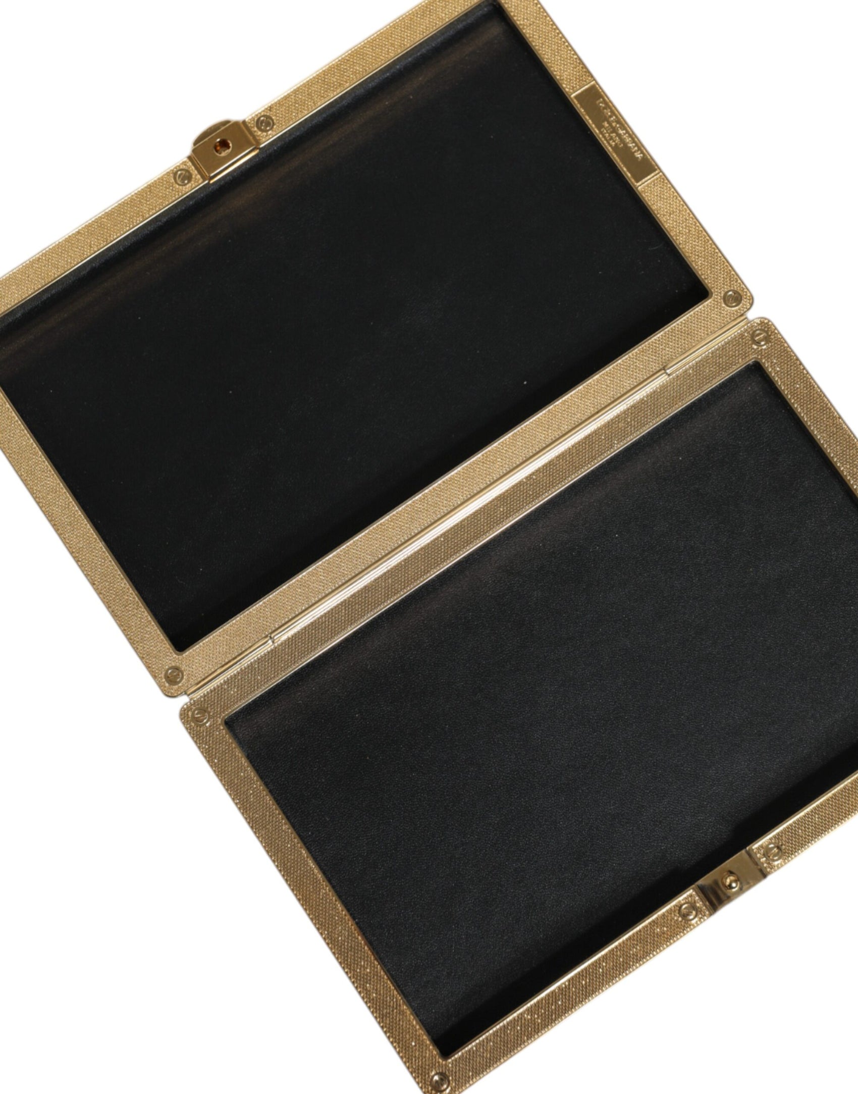 Schwarze Leder-Clutch mit goldenem Rahmen und Nieten, Abendtasche