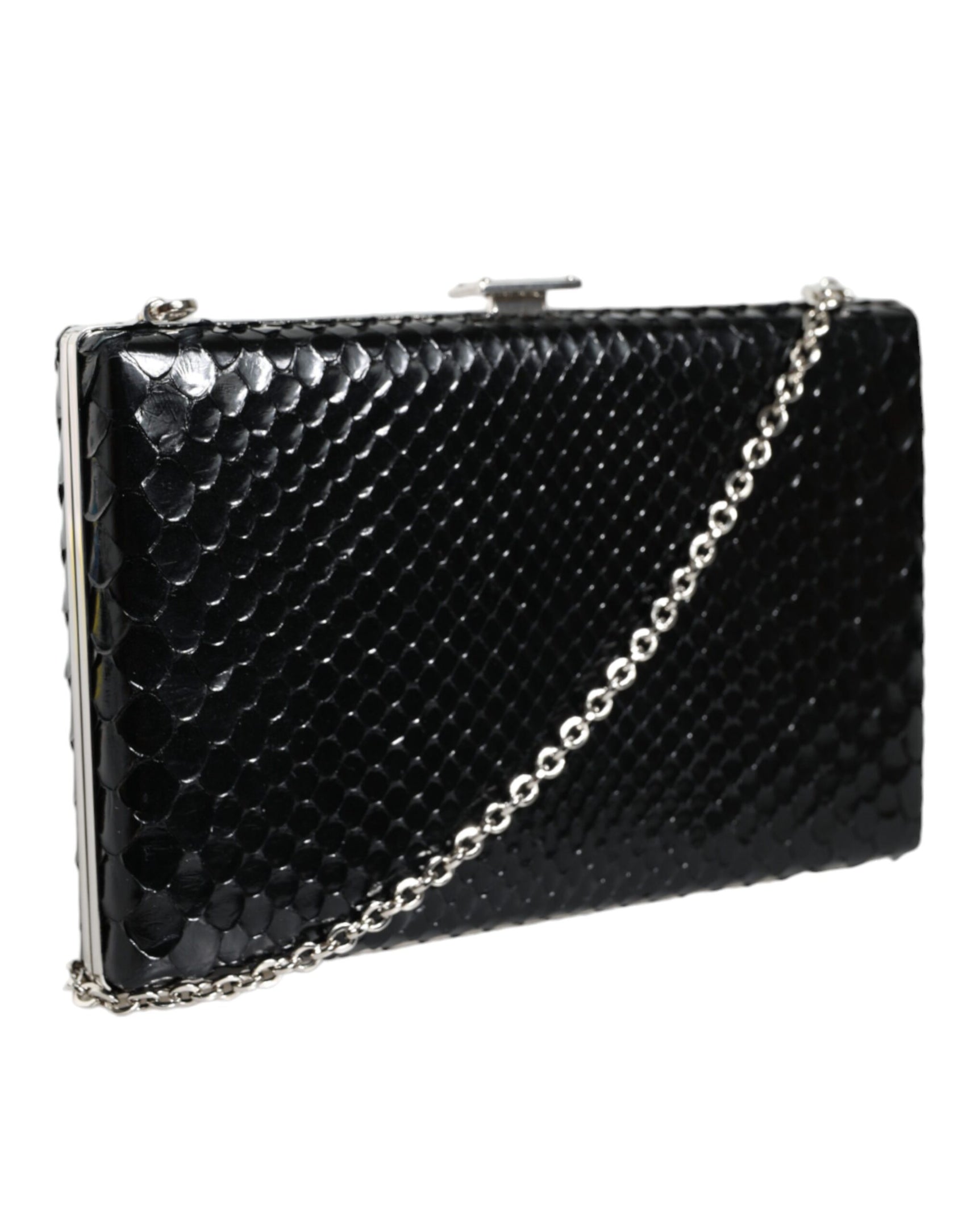 Schwarze Clutch aus Leder mit silbernem Rahmen, Mini-Umhängetasche