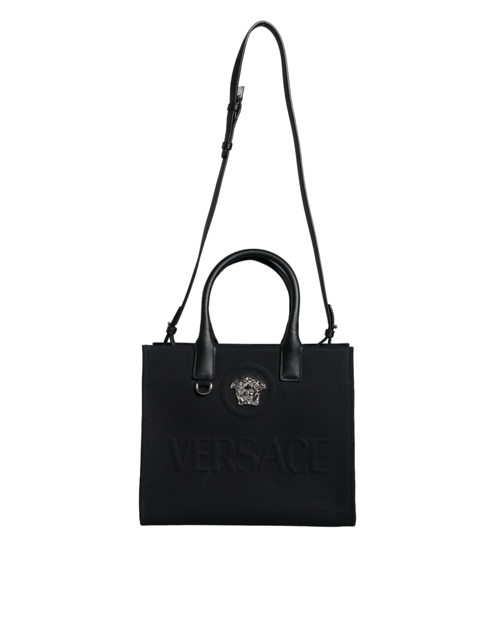 Schwarze Umhängetasche aus Canvas und Leder mit Logo