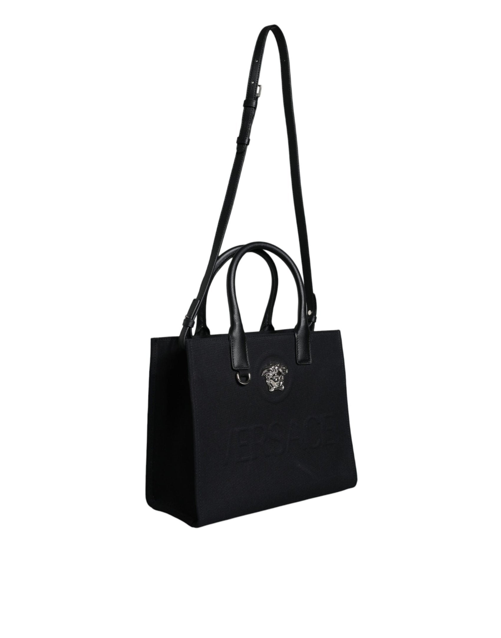 Schwarze Umhängetasche aus Canvas und Leder mit Logo