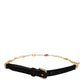 Black Leather Gold Brass Crystal Chain Waist Belt