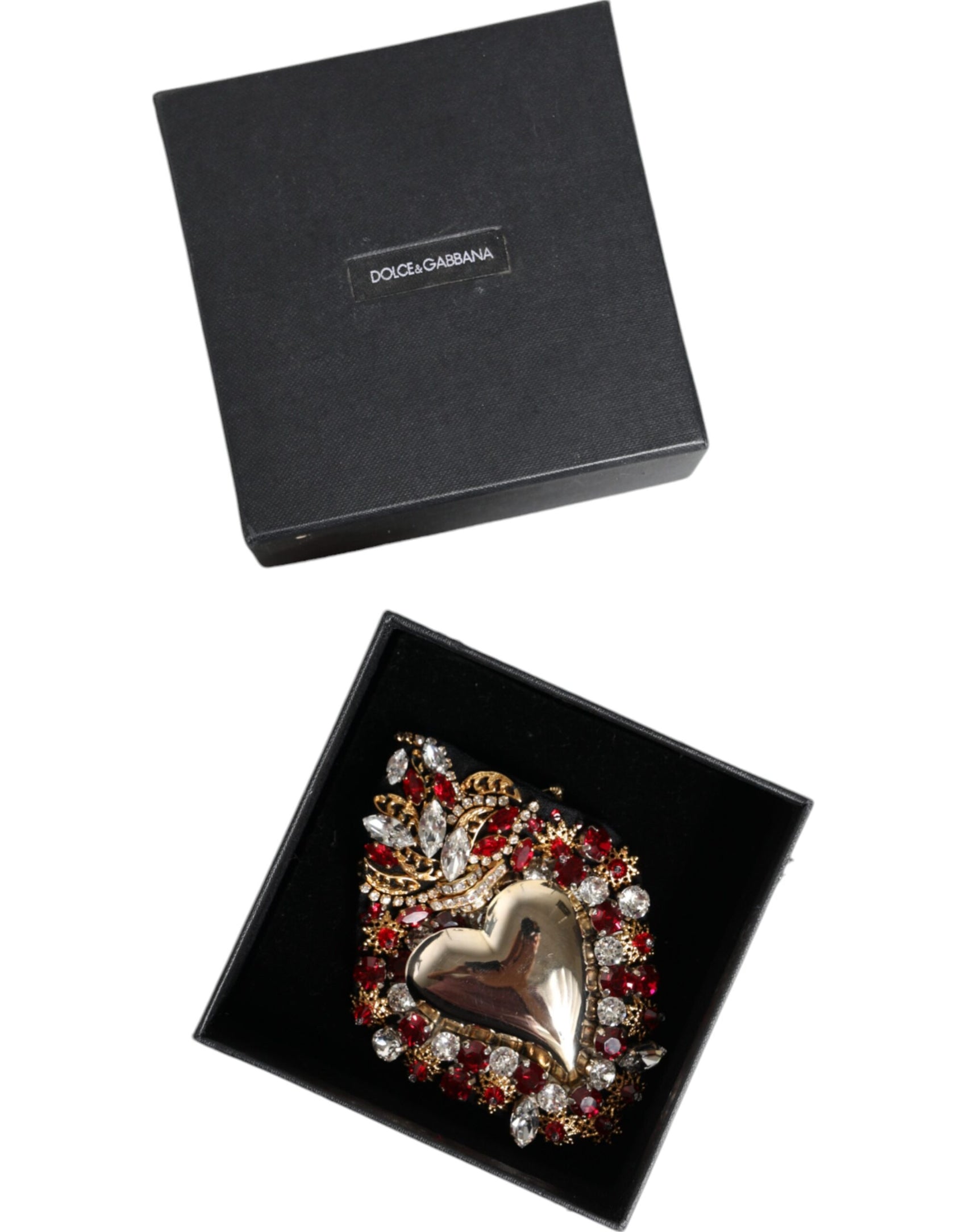 Spilla in ottone color oro con cristalli a forma di cuore sacro