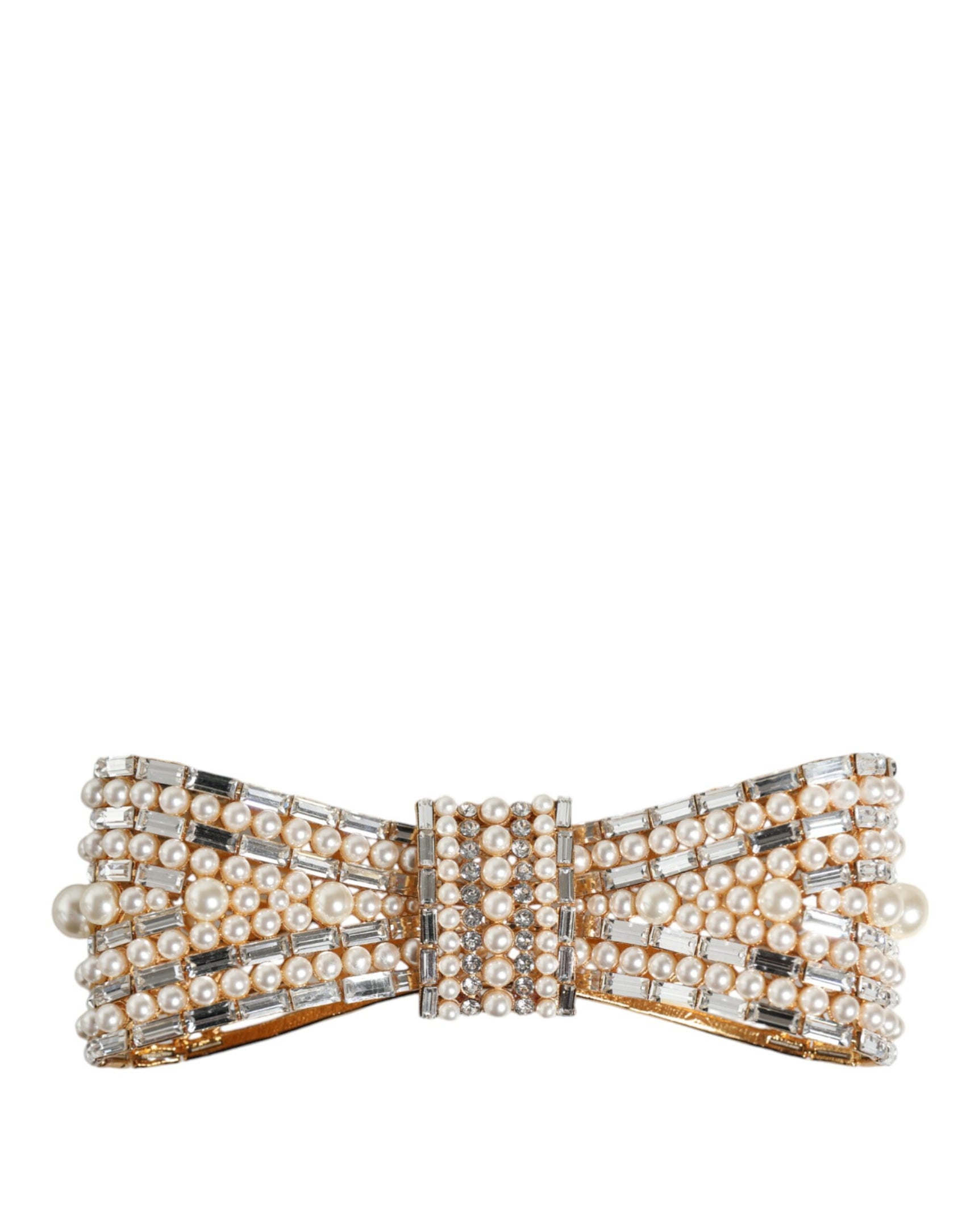 Spilla in ottone color oro con fiocco in cristallo e perla sintetica