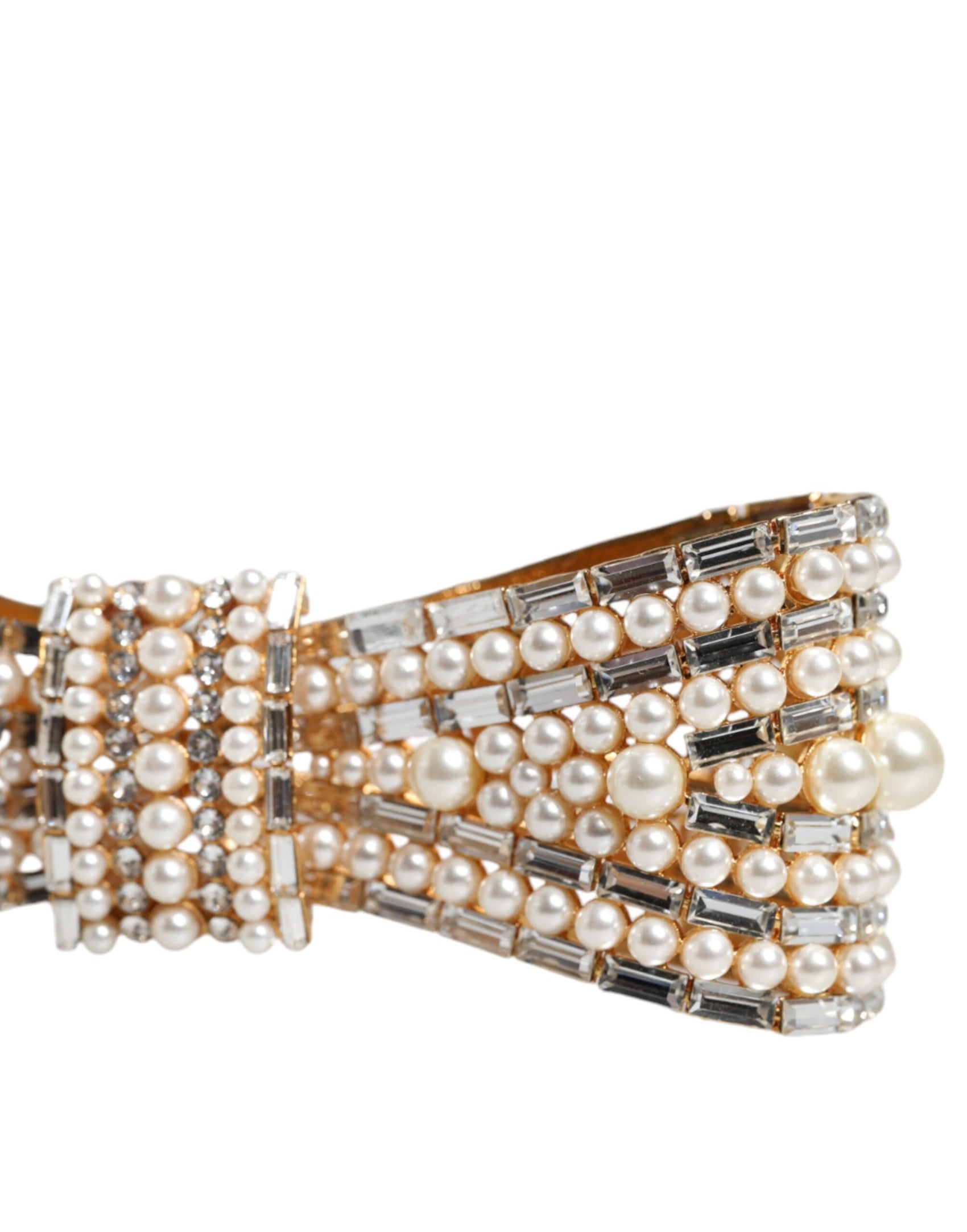 Spilla in ottone color oro con fiocco in cristallo e perla sintetica