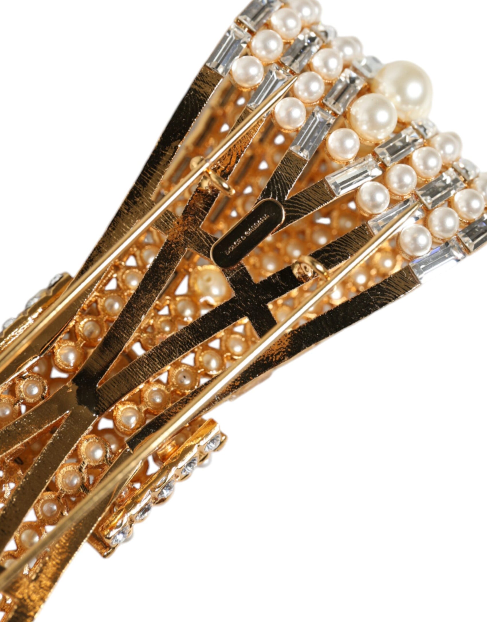 Spilla in ottone color oro con fiocco in cristallo e perla sintetica