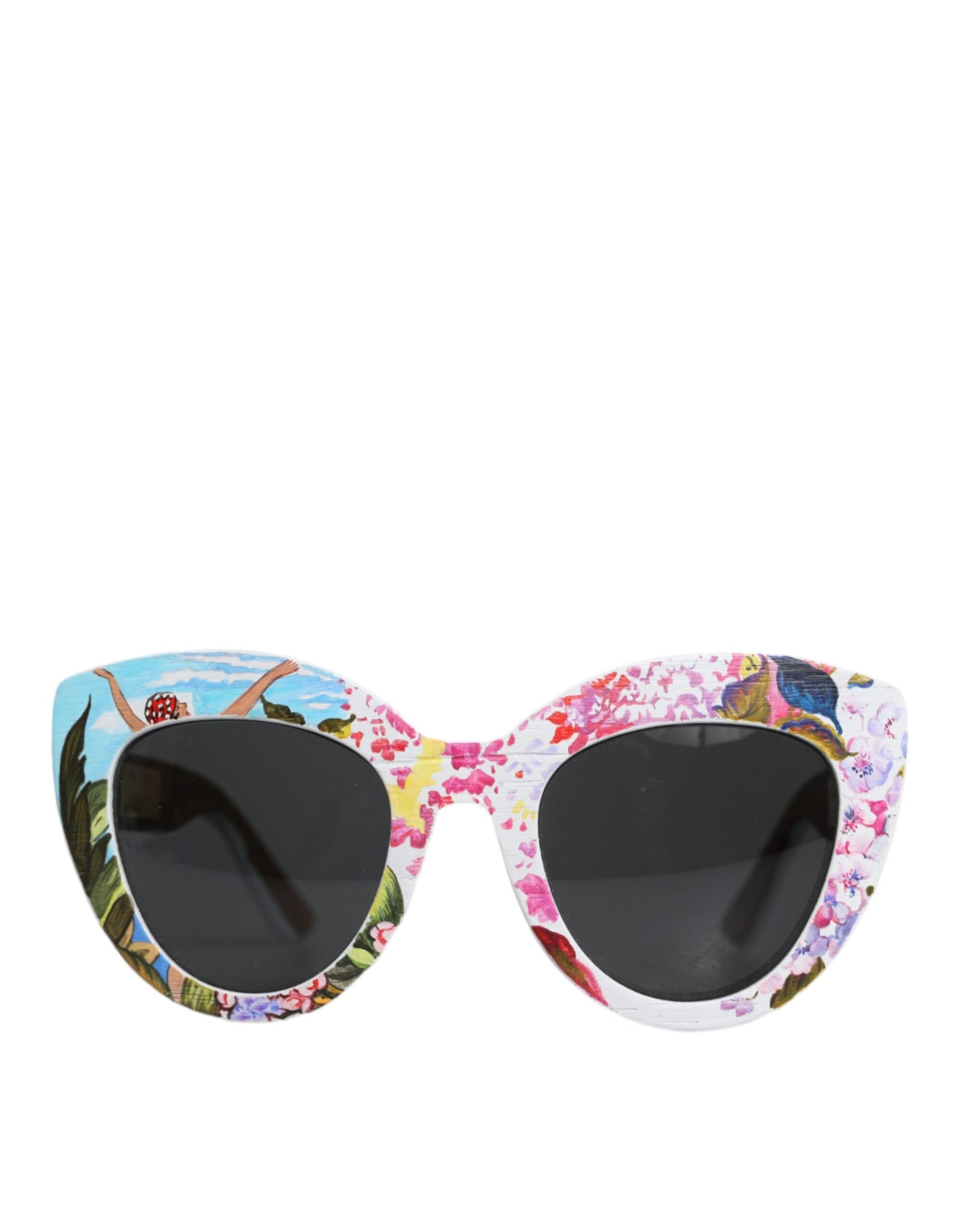 Mehrfarbige Sonnenbrille mit Rahmen aus Holz, Kristallen und Messing, handbemalt mit Blumenmuster