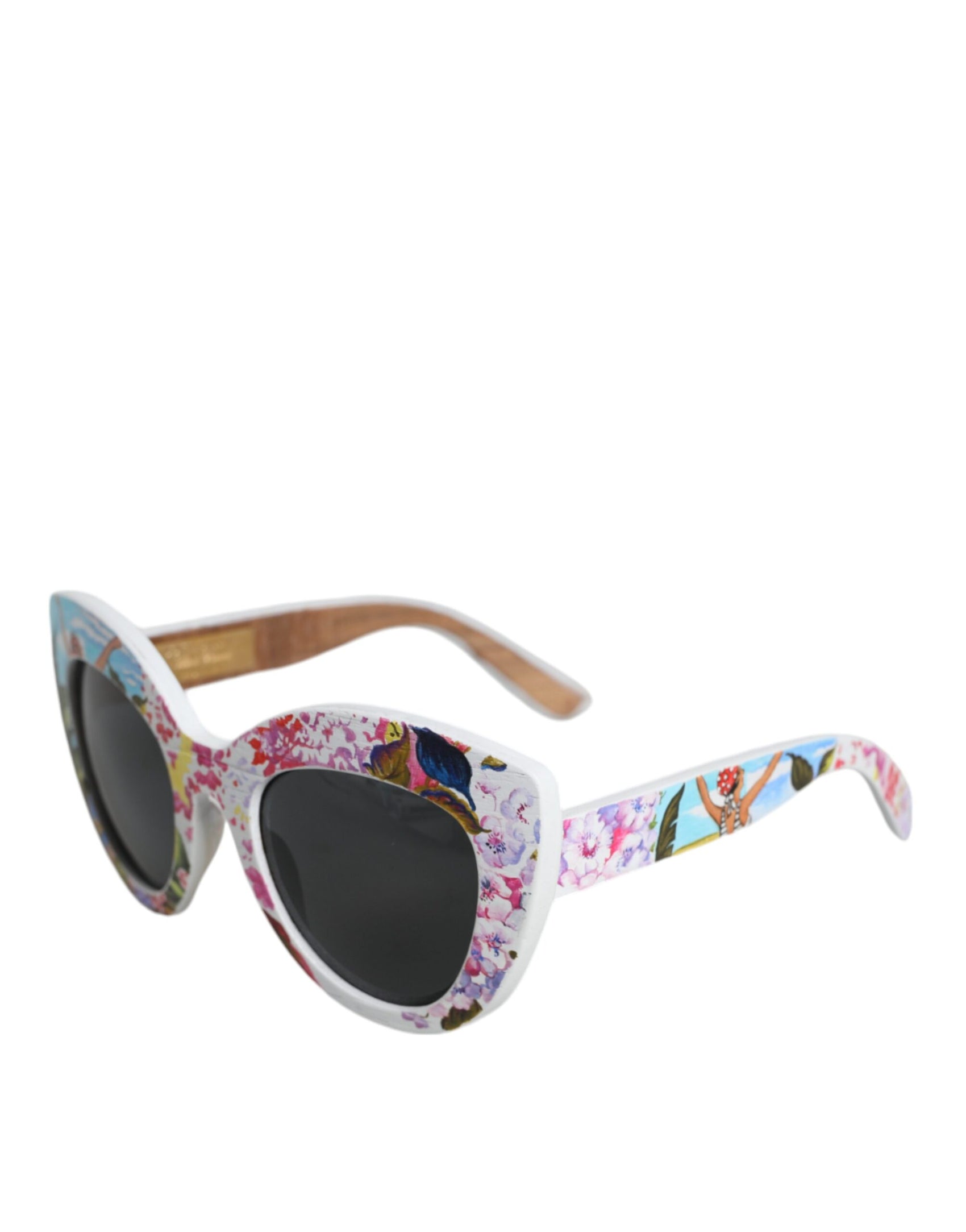 Mehrfarbige Sonnenbrille mit Rahmen aus Holz, Kristallen und Messing, handbemalt mit Blumenmuster
