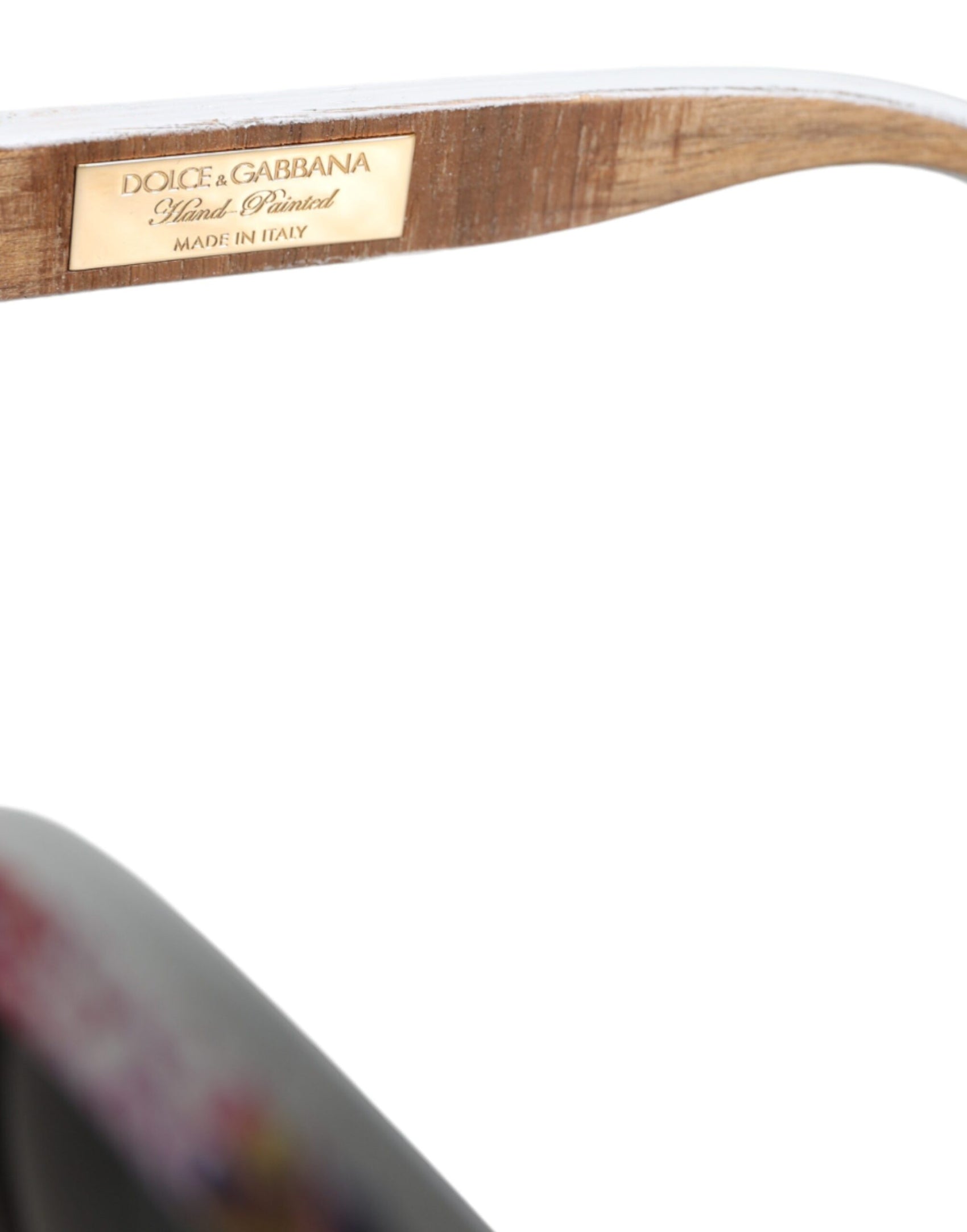Mehrfarbige Sonnenbrille mit Rahmen aus Holz, Kristallen und Messing, handbemalt mit Blumenmuster