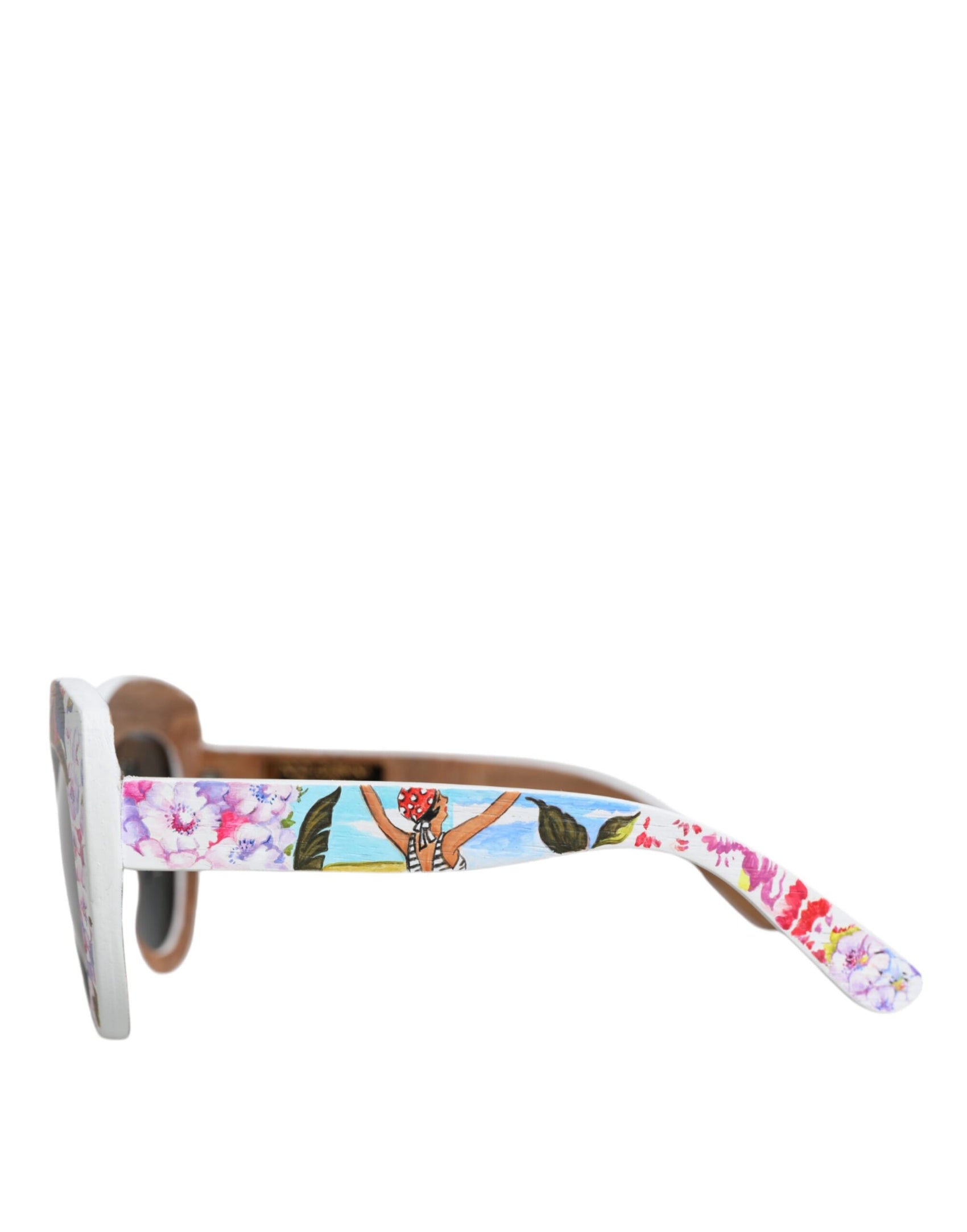 Mehrfarbige Sonnenbrille mit Rahmen aus Holz, Kristallen und Messing, handbemalt mit Blumenmuster