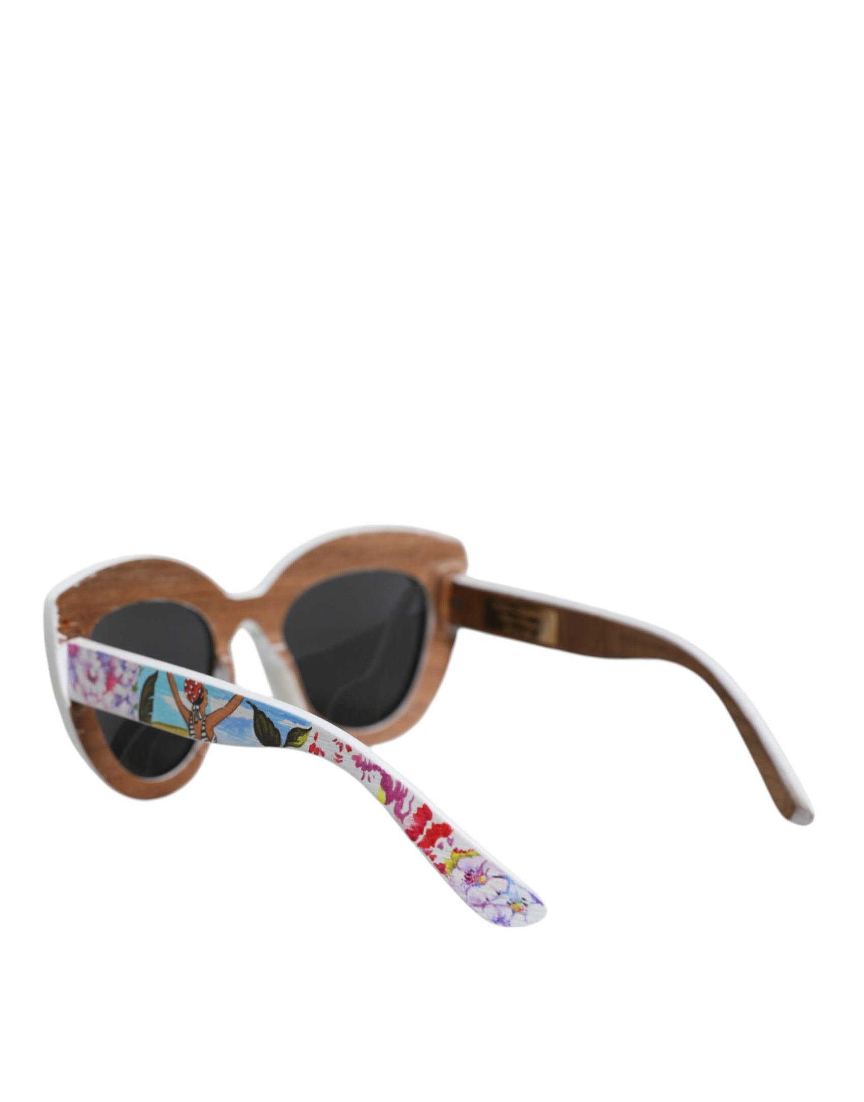 Mehrfarbige Sonnenbrille mit Rahmen aus Holz, Kristallen und Messing, handbemalt mit Blumenmuster