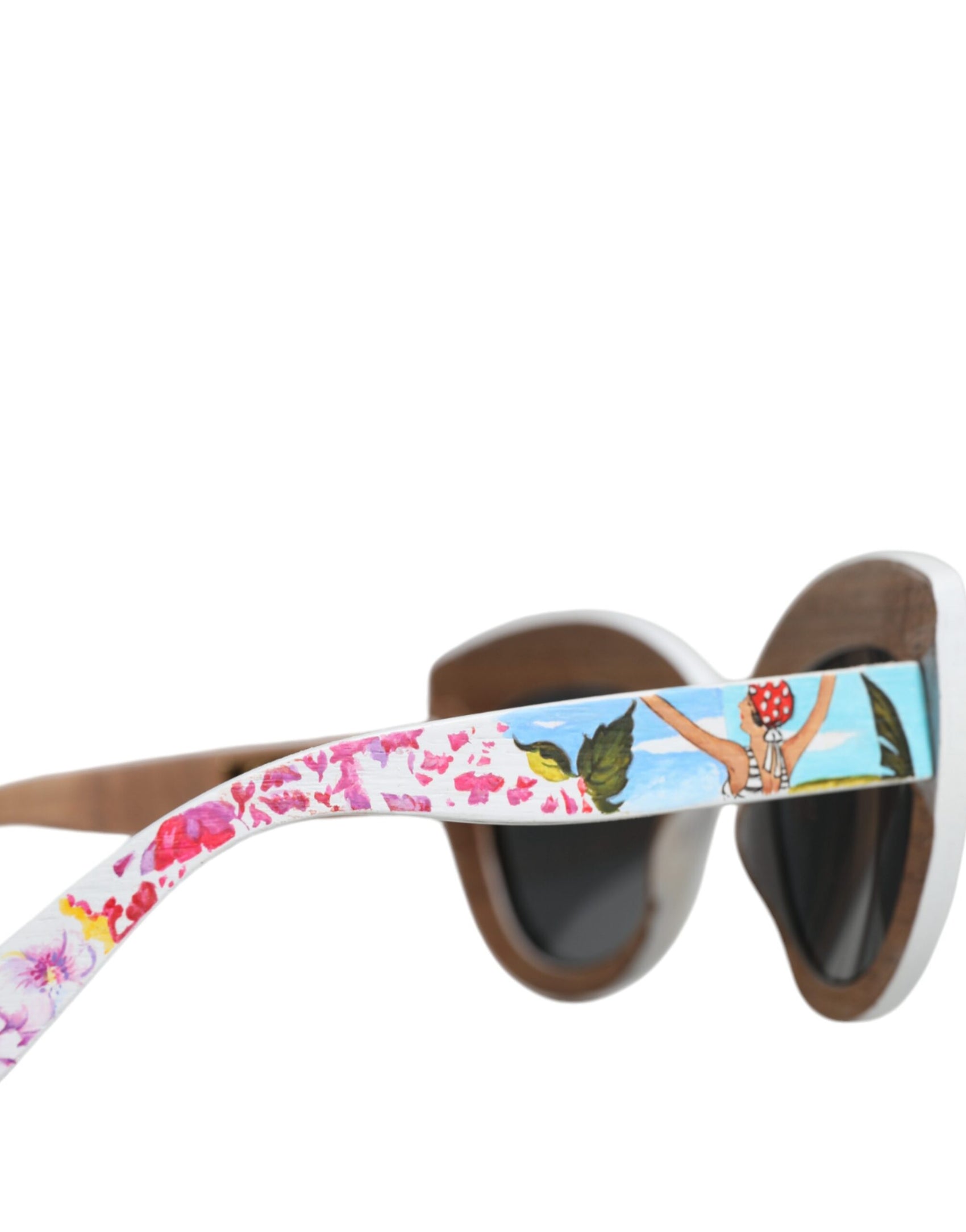Mehrfarbige Sonnenbrille mit Rahmen aus Holz, Kristallen und Messing, handbemalt mit Blumenmuster