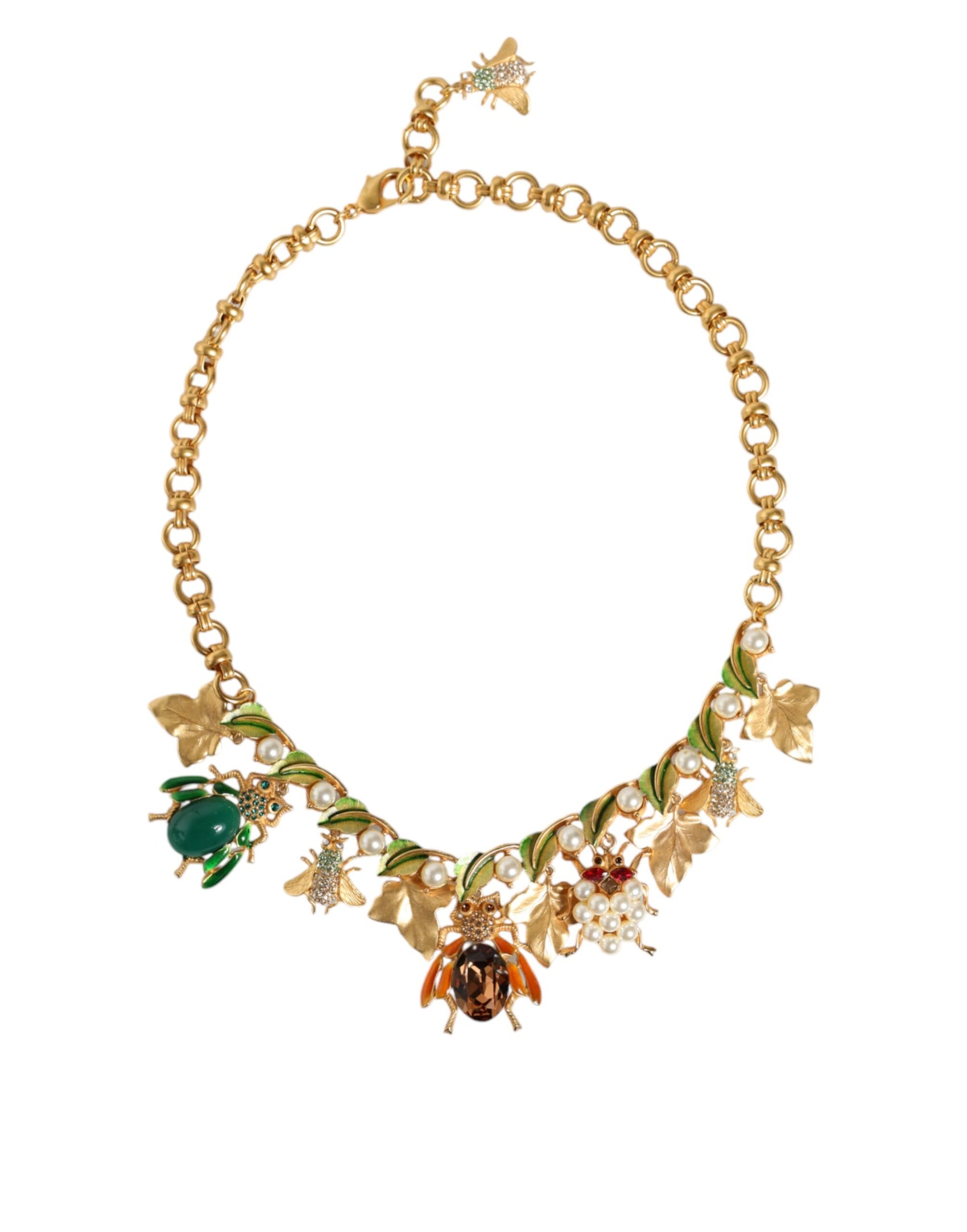 Collana con ciondolo a forma di insetto in cristallo e ottone dorato