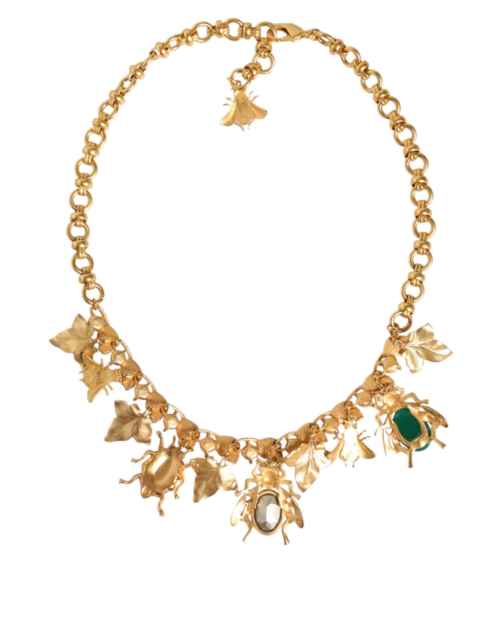 Collana con ciondolo a forma di insetto in cristallo e ottone dorato
