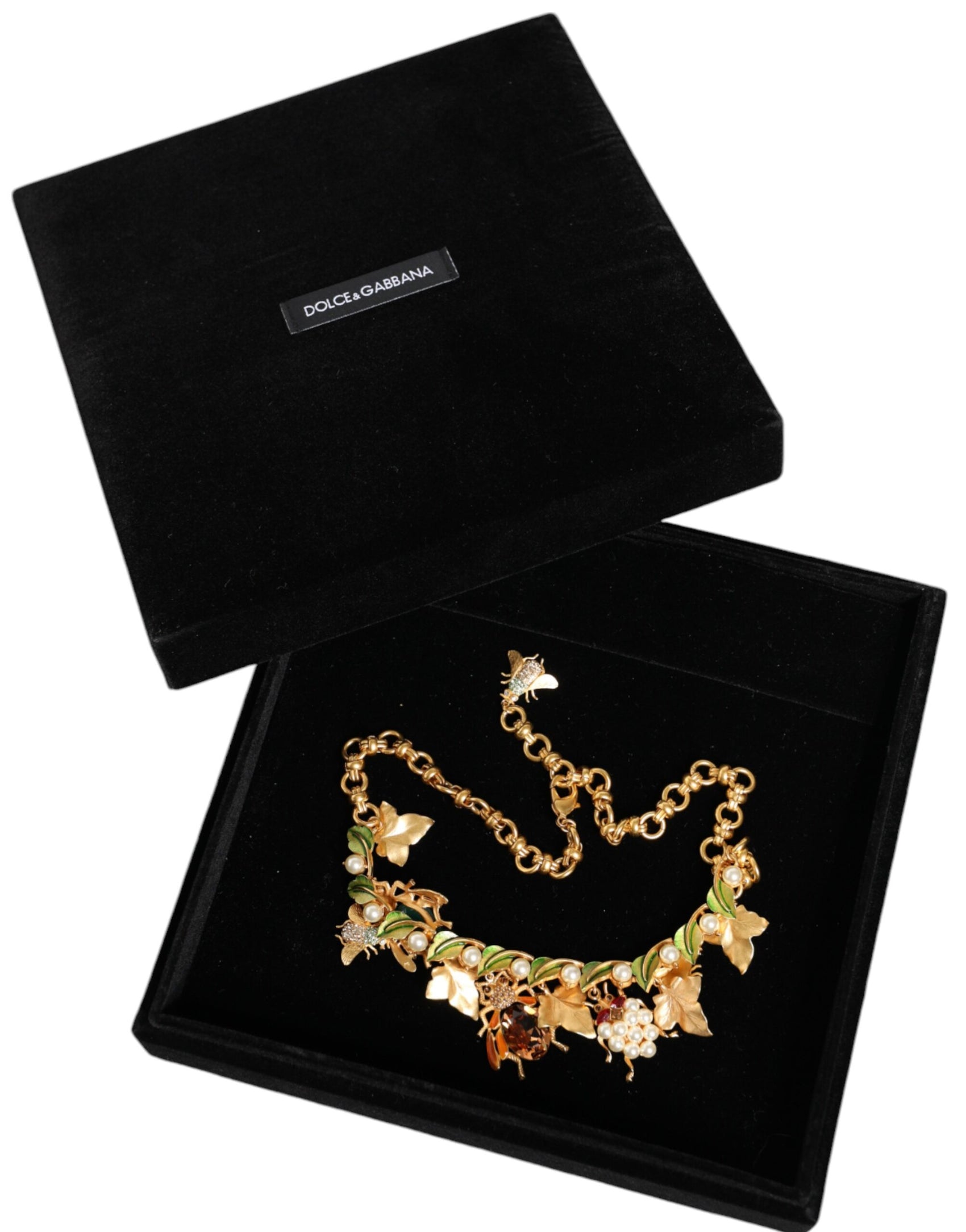Collana con ciondolo a forma di insetto in cristallo e ottone dorato