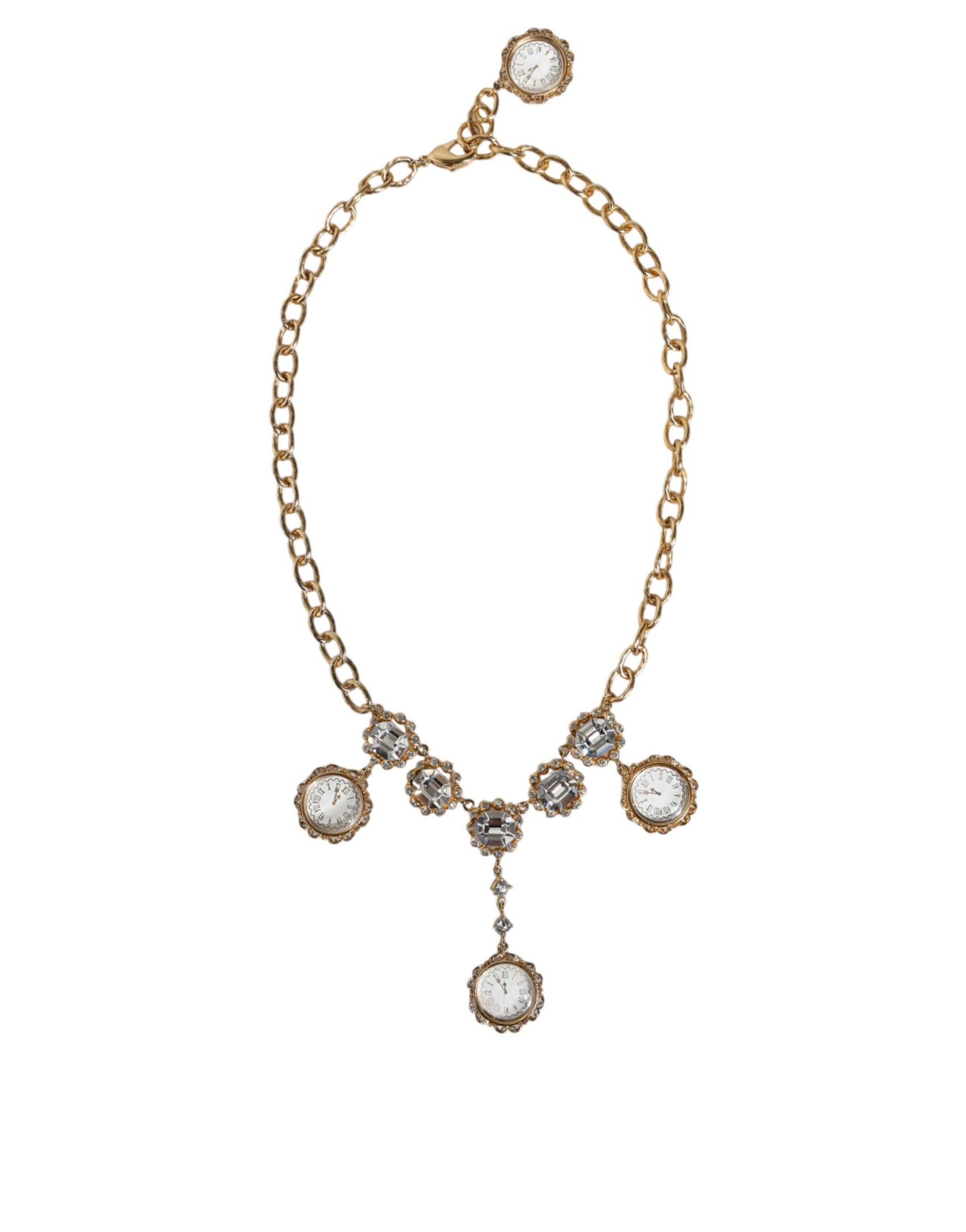 Collana con ciondolo con orologio in ottone e cristallo a catena in oro