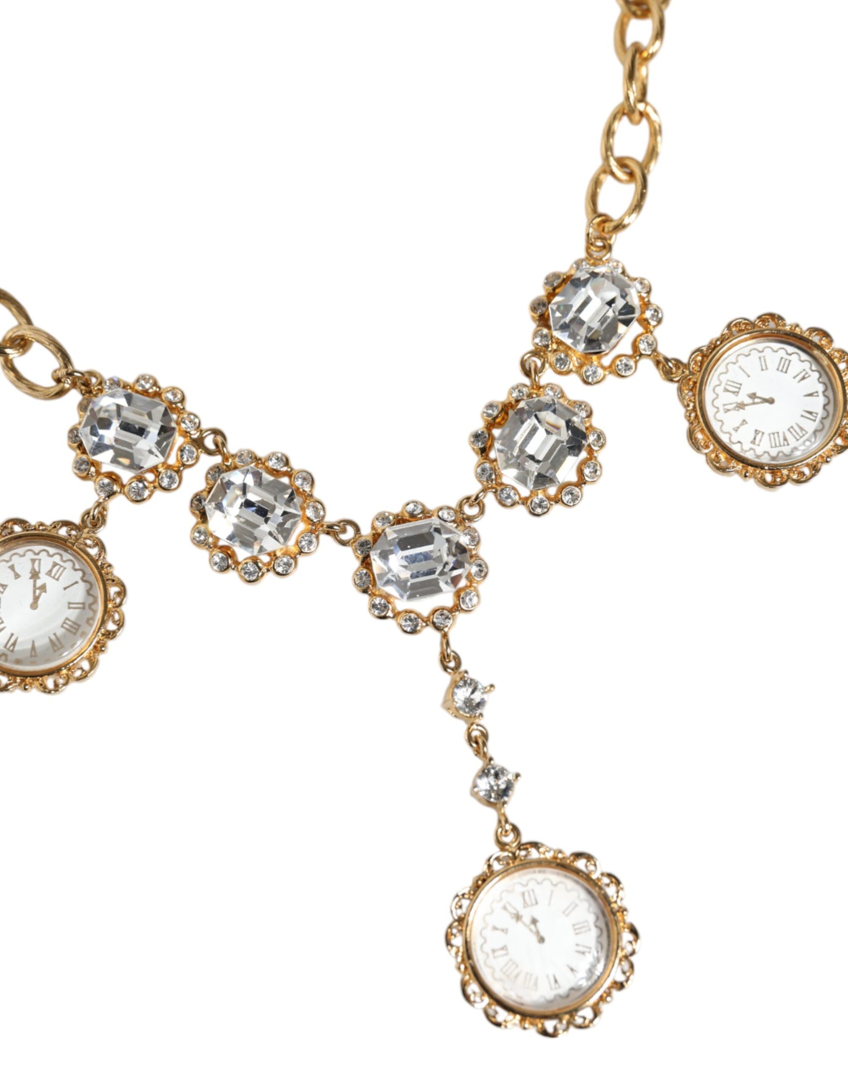 Collana con ciondolo con orologio in ottone e cristallo a catena in oro