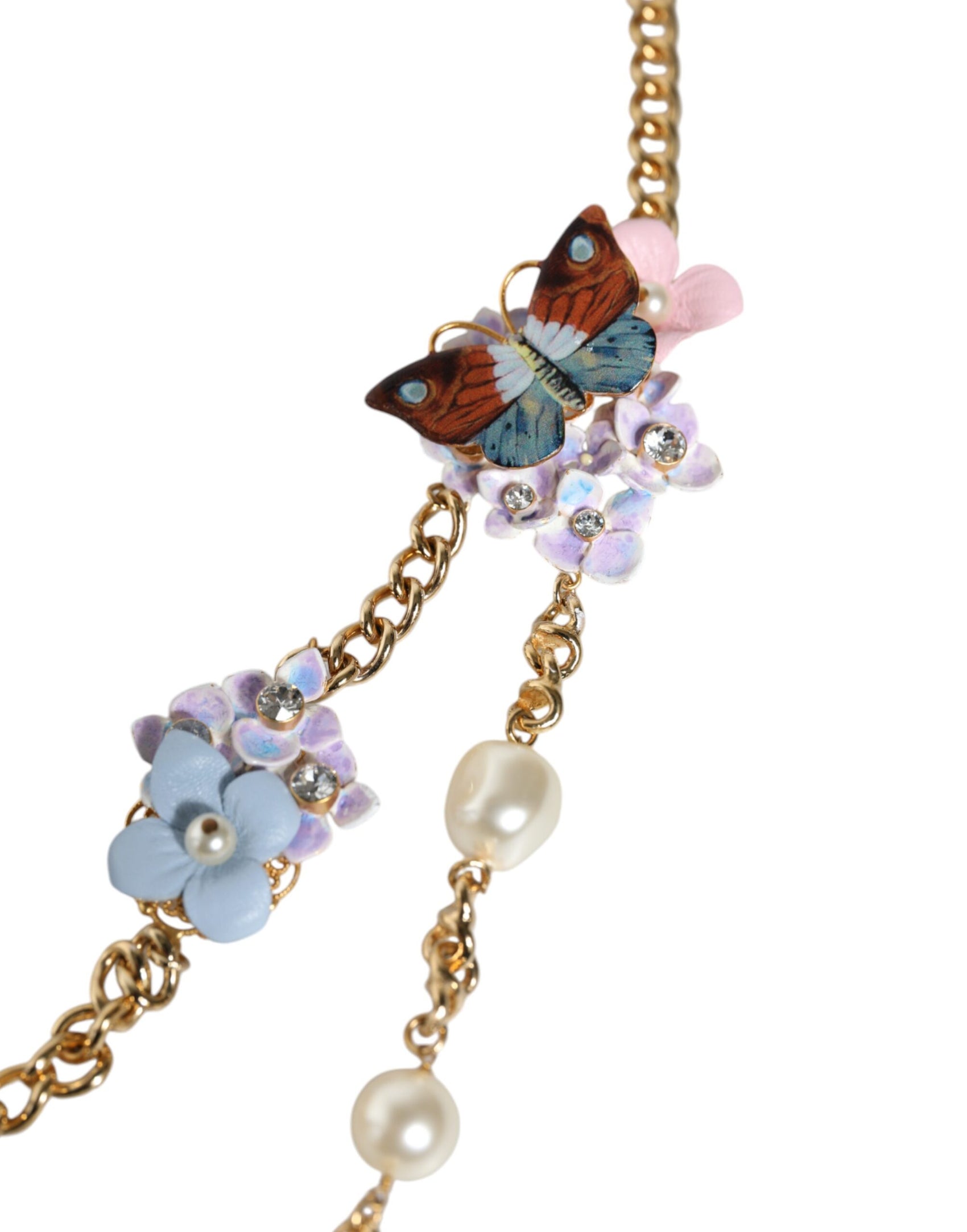 Collana con catena in ottone dorato e perle di cristallo a strati floreali