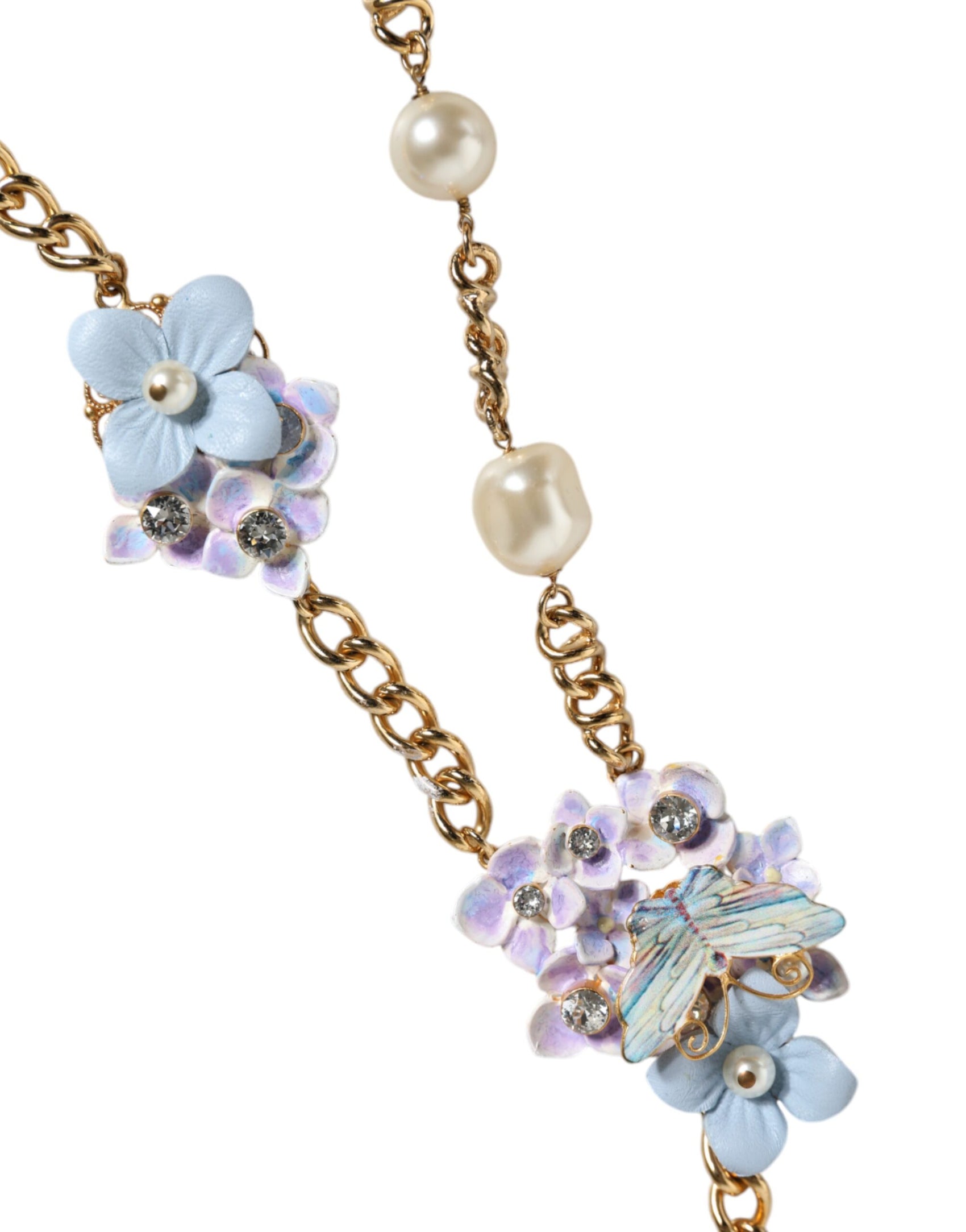 Collana con catena in ottone dorato e perle di cristallo a strati floreali