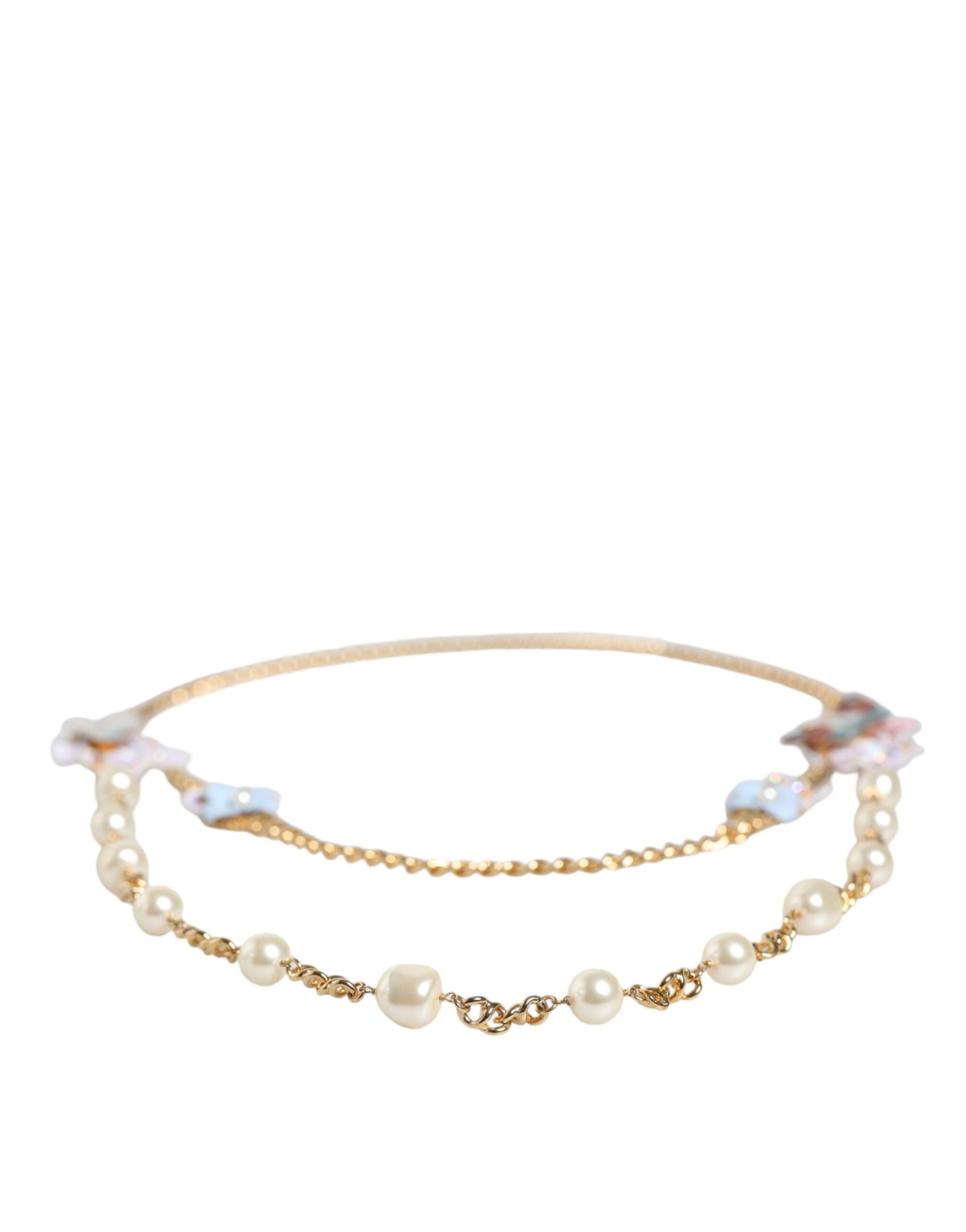 Collana con catena in ottone dorato e perle di cristallo a strati floreali