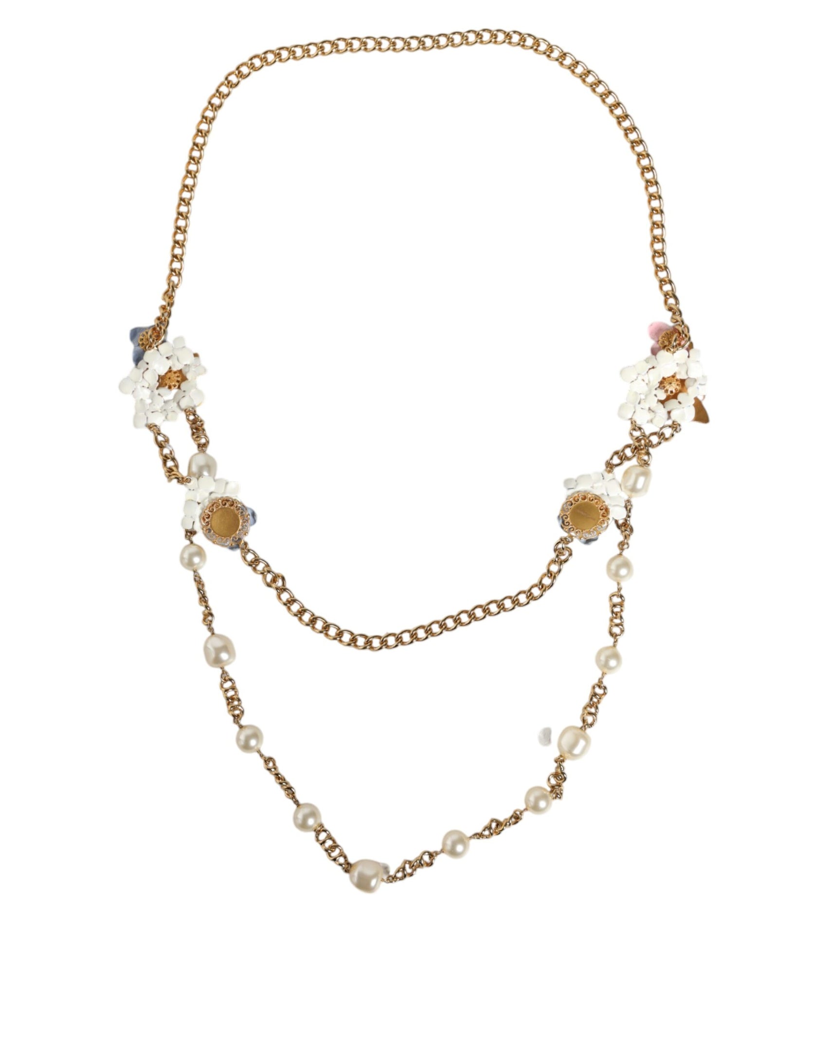 Collana con catena in ottone dorato e perle di cristallo a strati floreali