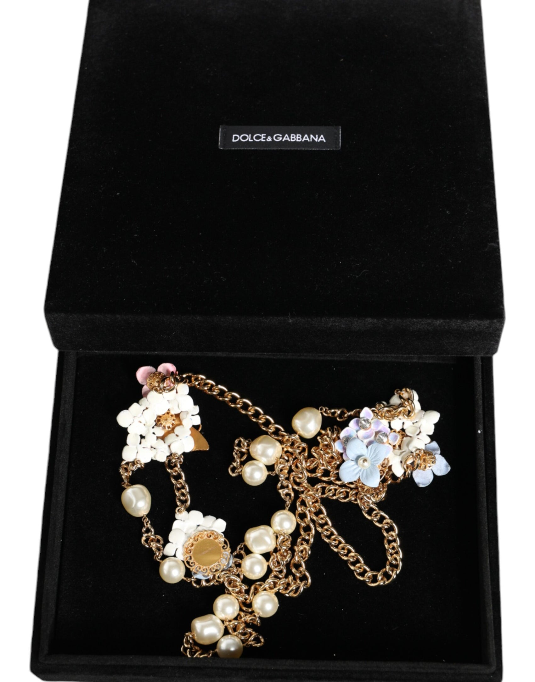 Collana con catena in ottone dorato e perle di cristallo a strati floreali
