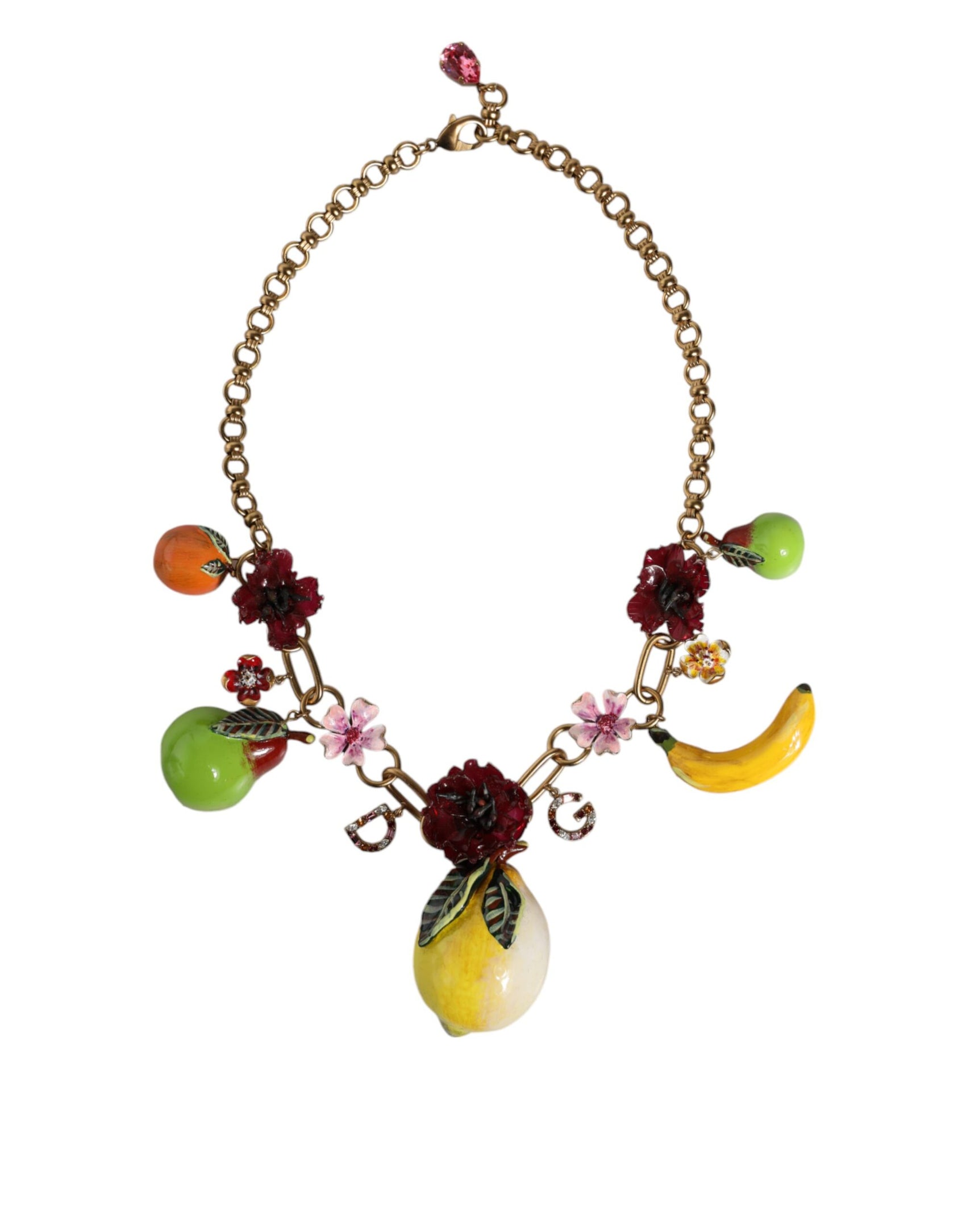 Collana con logo in cristallo e fiori con ciondoli in ottone dorato FRUIT