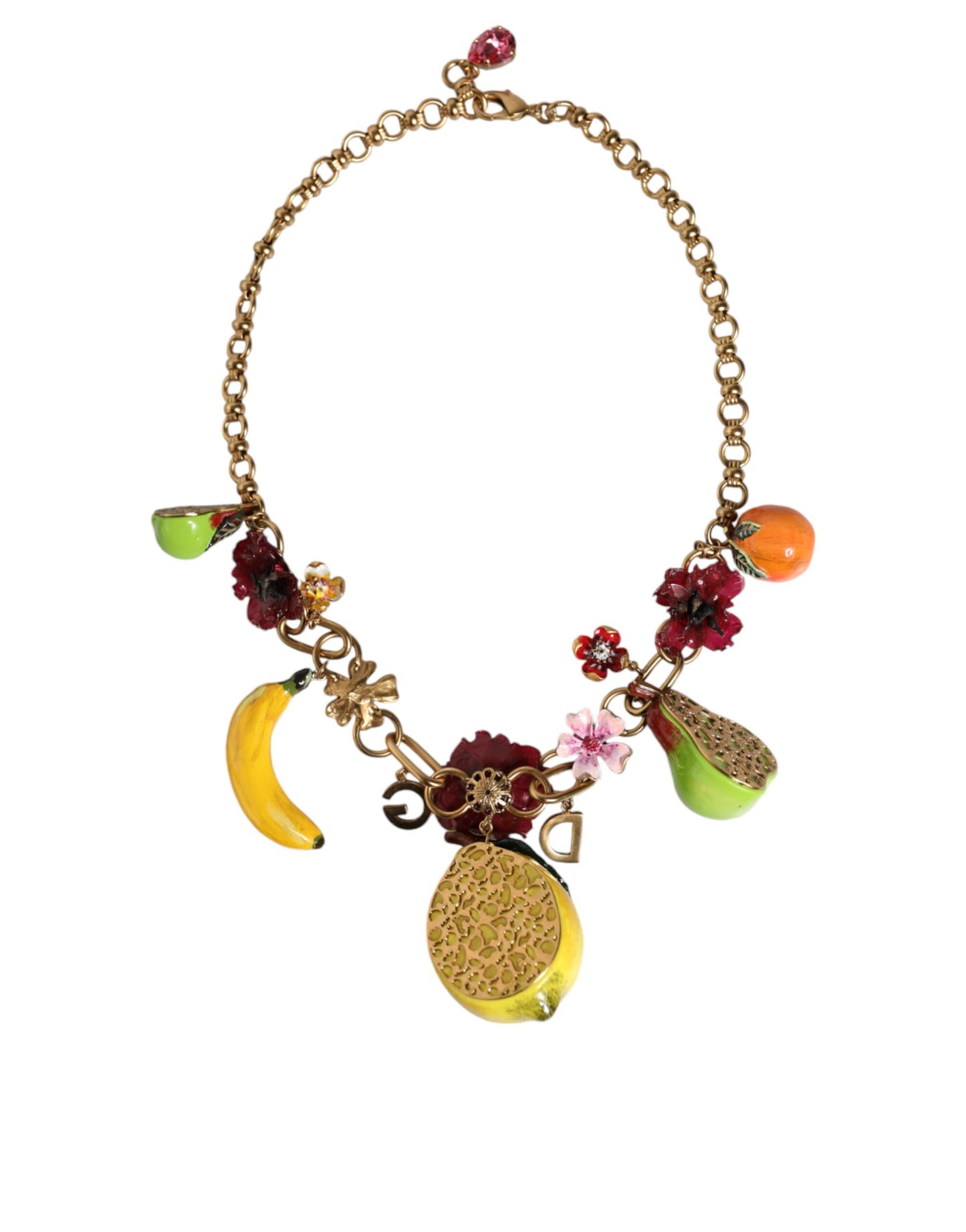 Collana con logo in cristallo e fiori con ciondoli in ottone dorato FRUIT