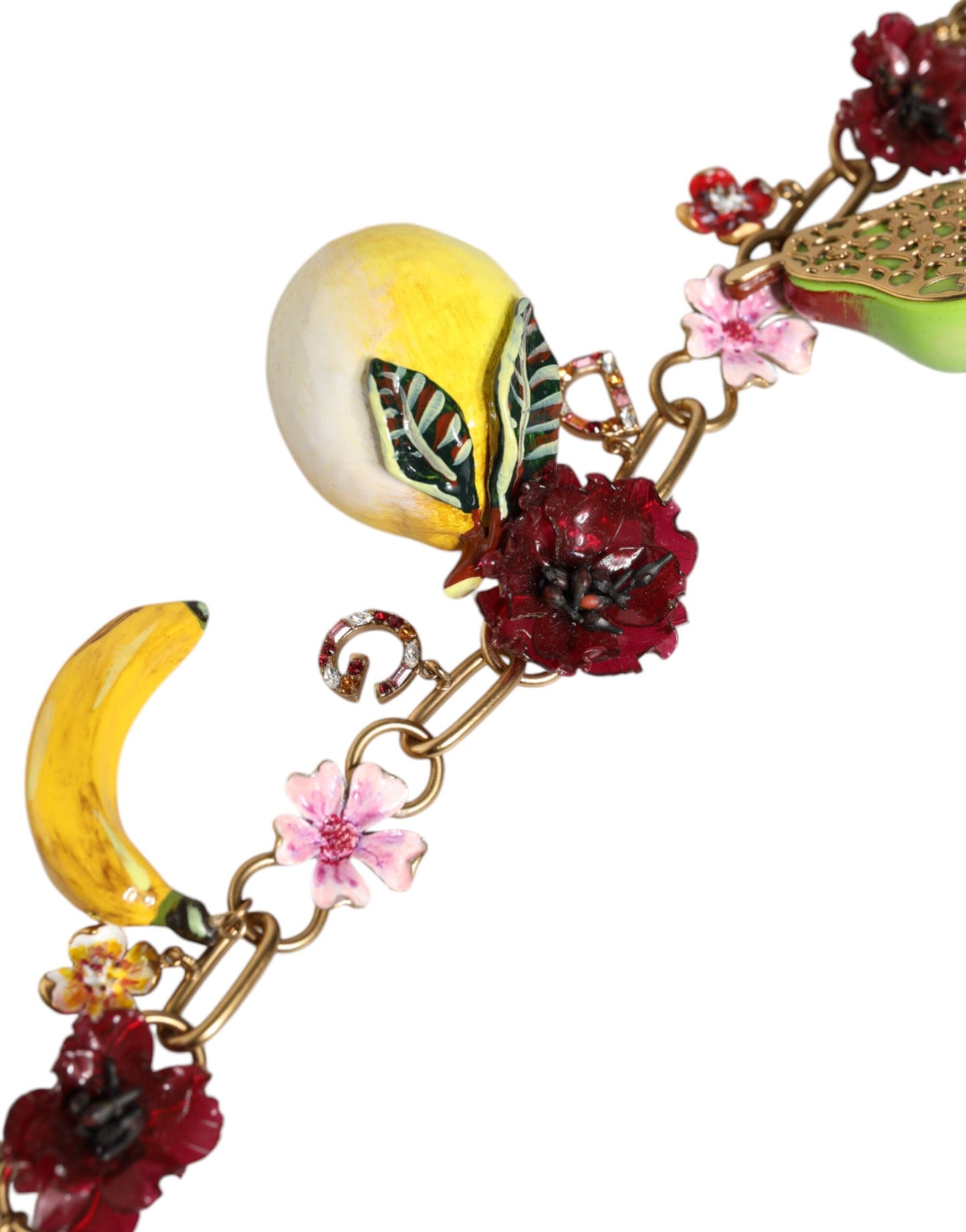 Collana con logo in cristallo e fiori con ciondoli in ottone dorato FRUIT