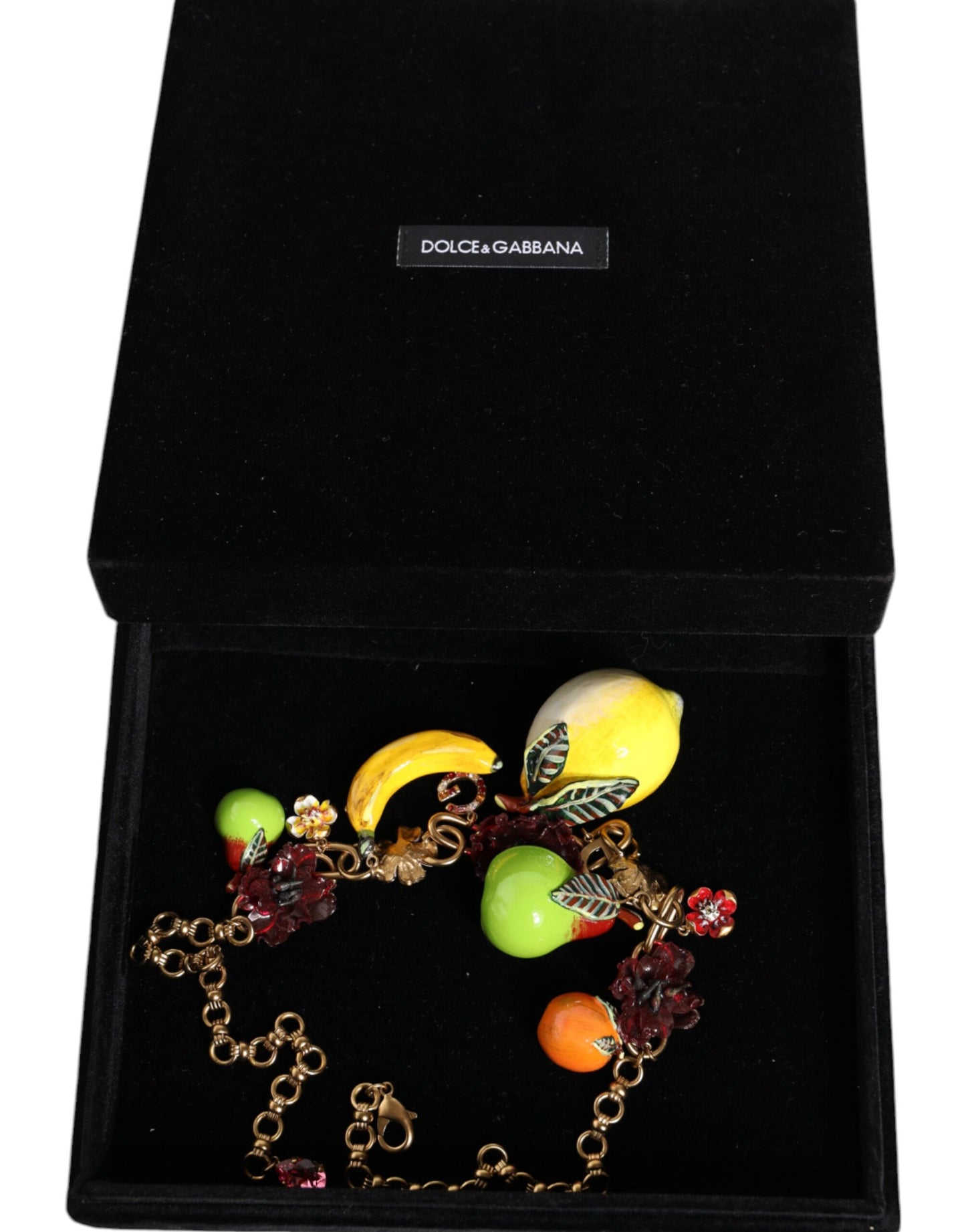 Collana con logo in cristallo e fiori con ciondoli in ottone dorato FRUIT