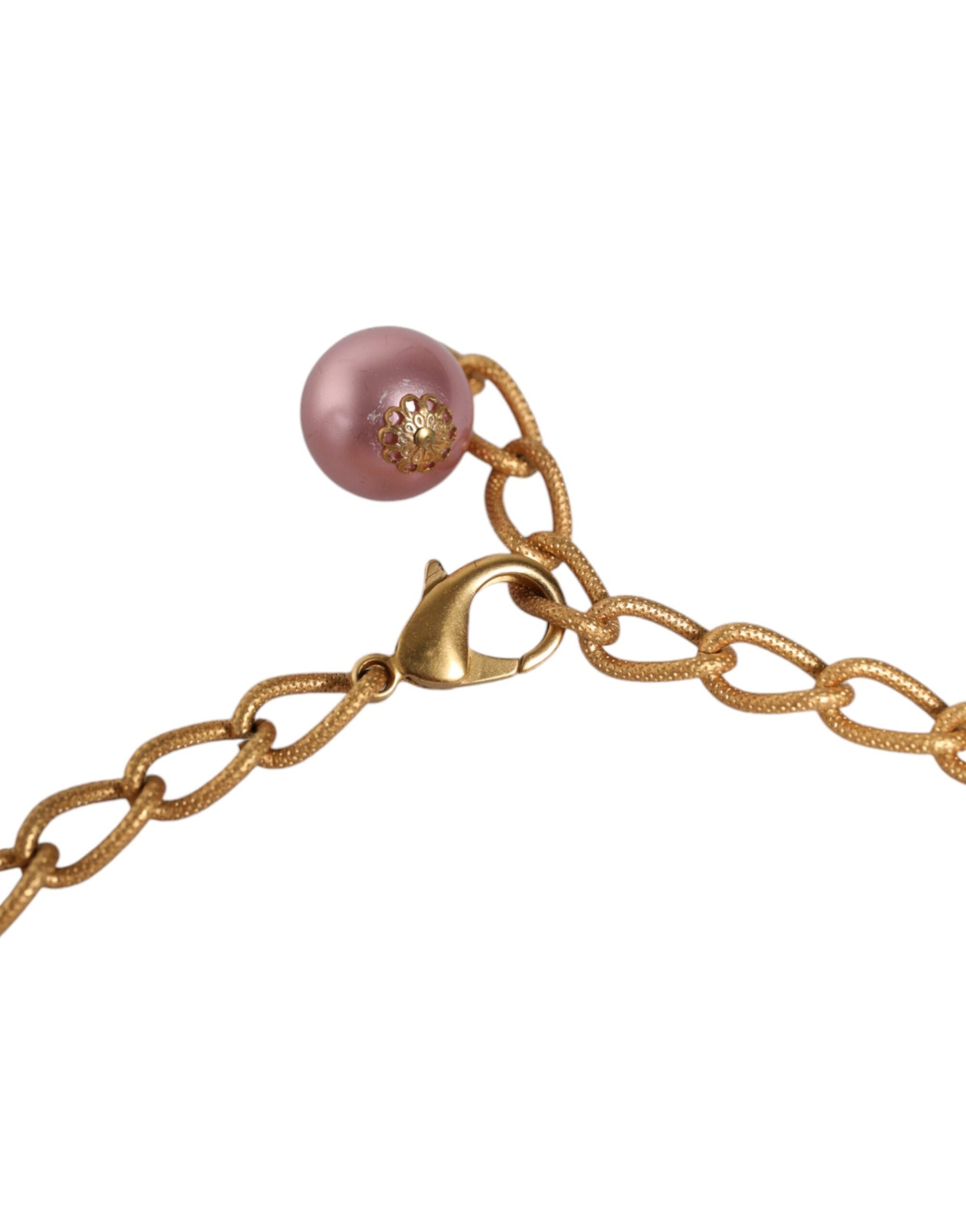 Collana con catena in oro con cristalli e perle finte rosa maxi