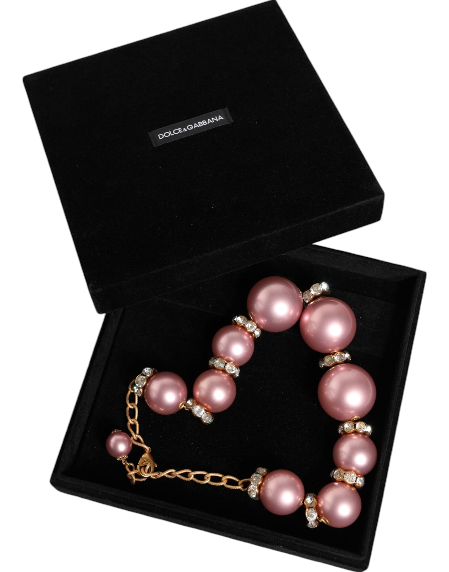 Collana con catena in oro con cristalli e perle finte rosa maxi