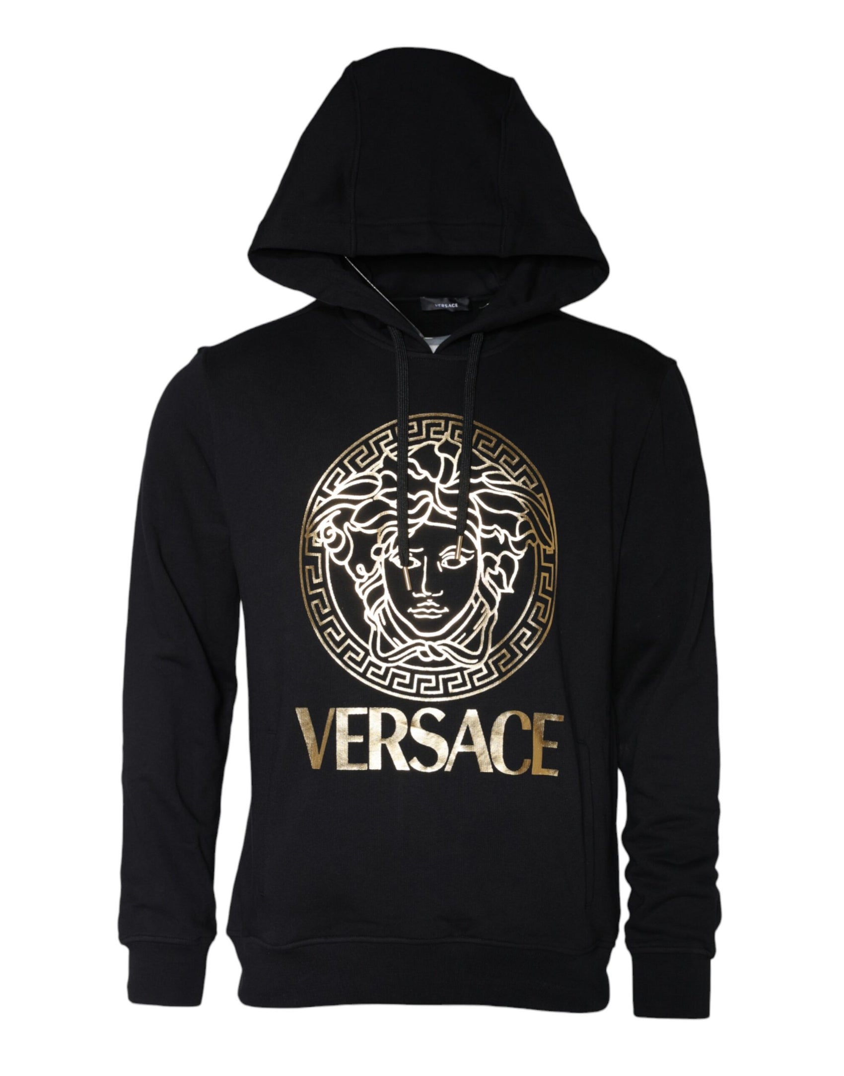 Felpa con cappuccio in cotone con stampa Medusa nera, maglione con cappuccio