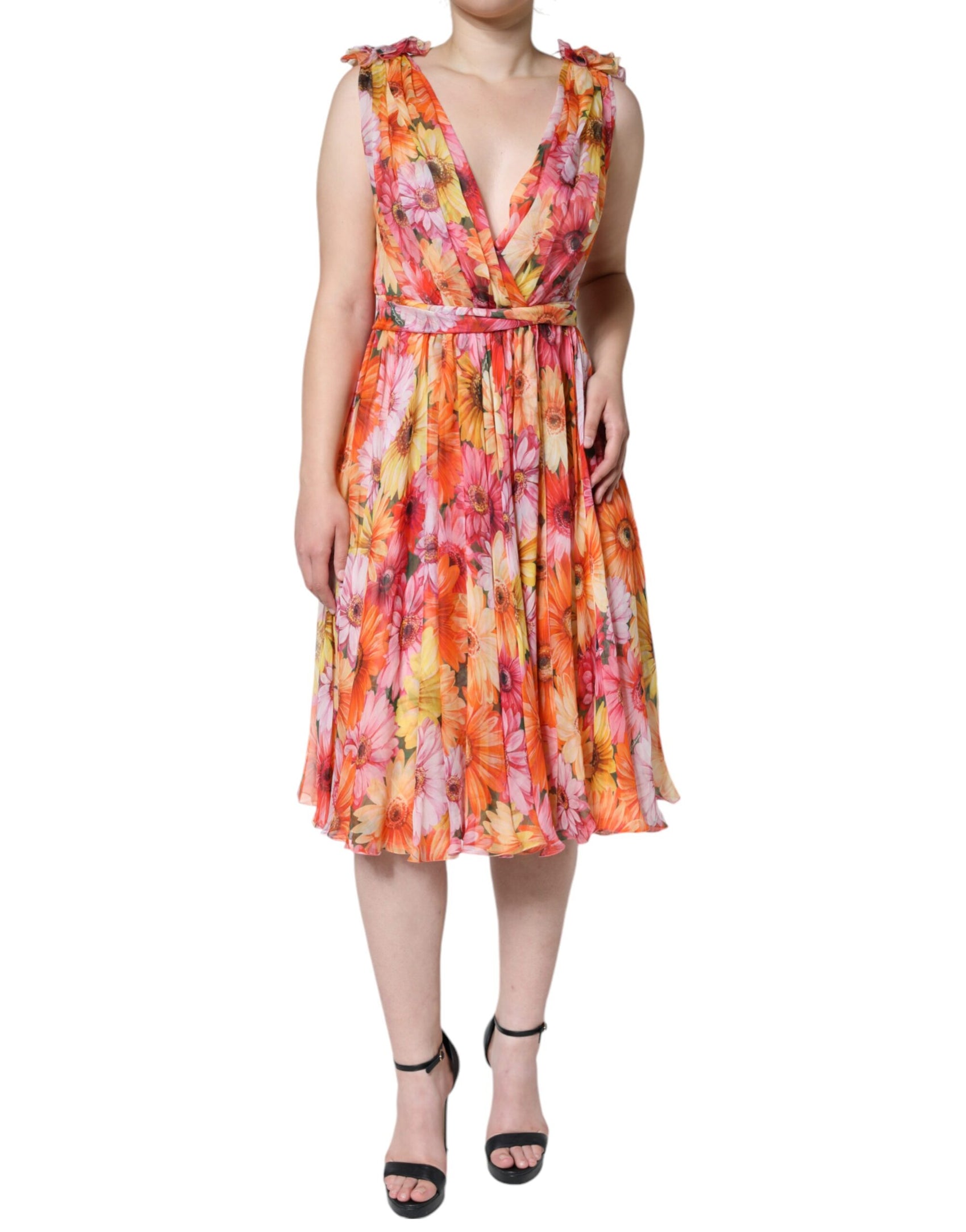 Abito midi senza maniche con scollo a V e motivo floreale multicolore