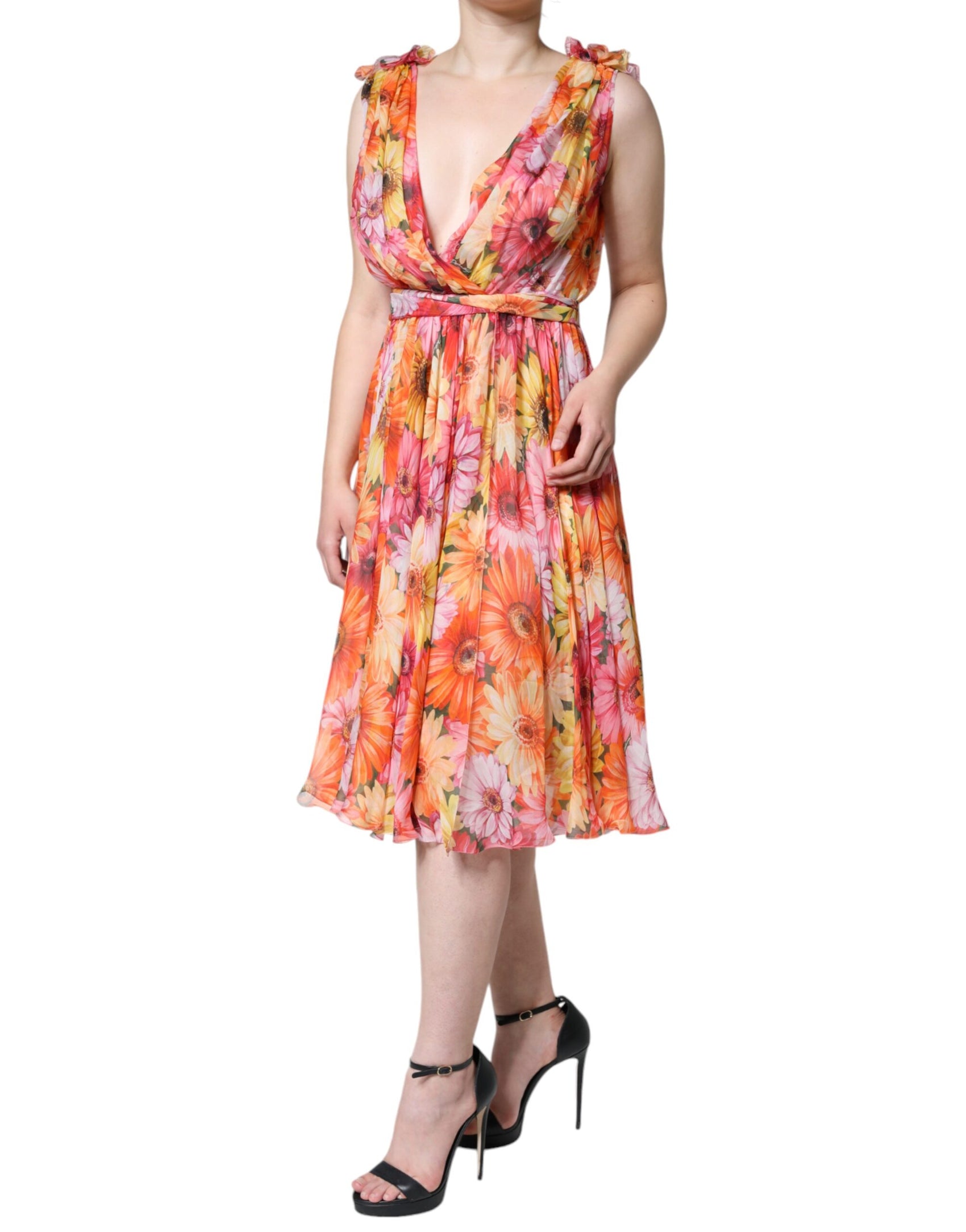 Abito midi senza maniche con scollo a V e motivo floreale multicolore
