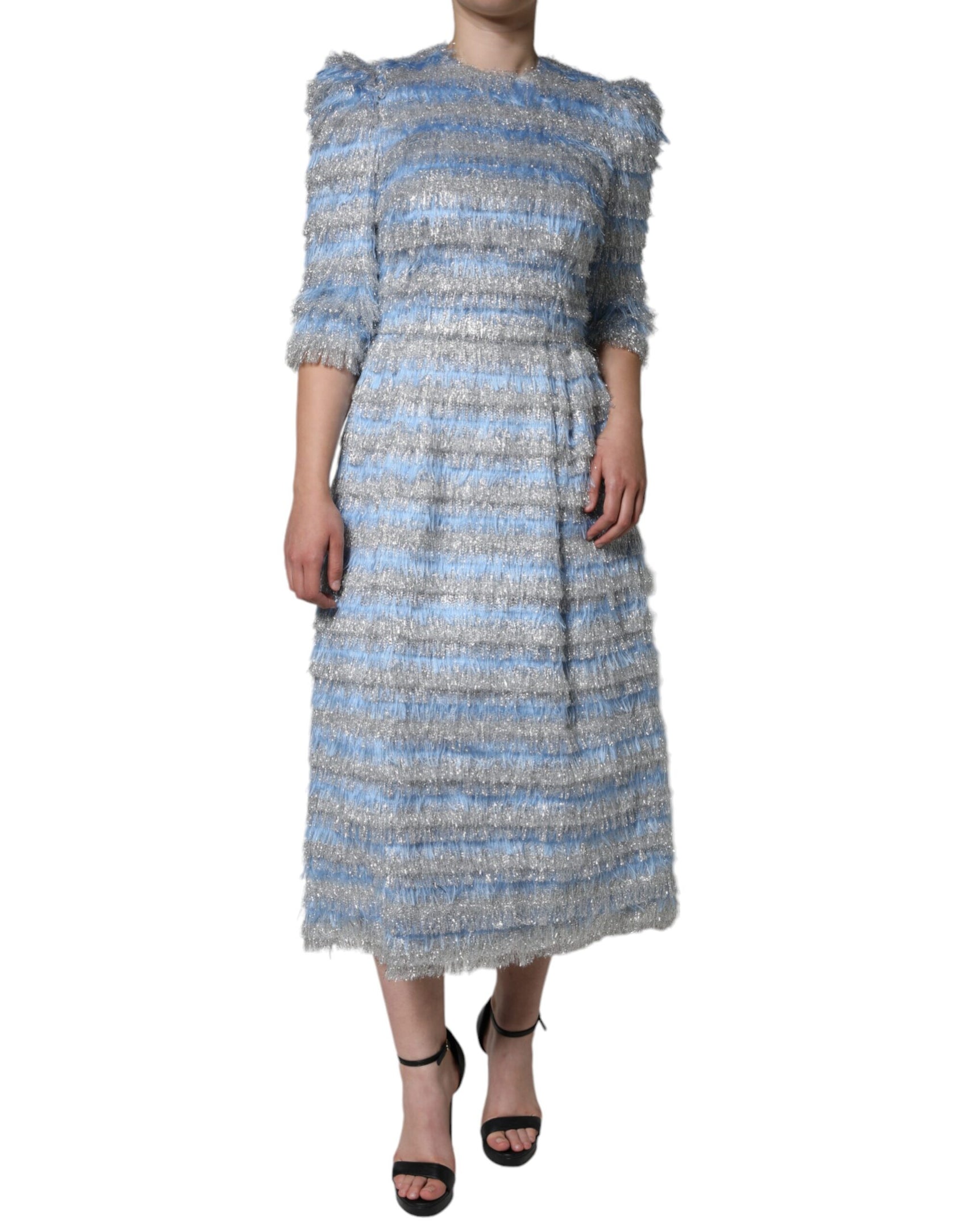 Abito midi a trapezio in jacquard azzurro argento