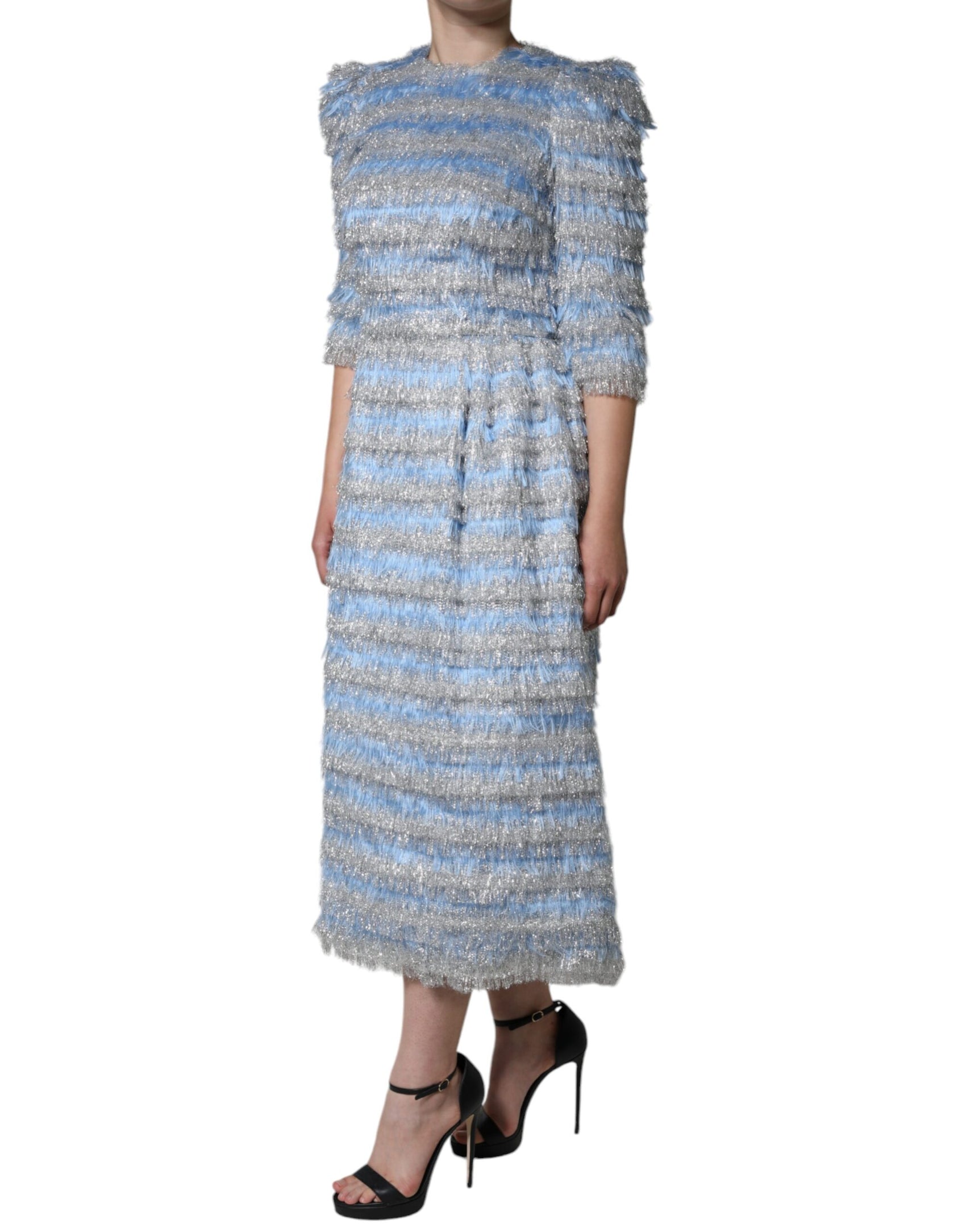 Abito midi a trapezio in jacquard azzurro argento