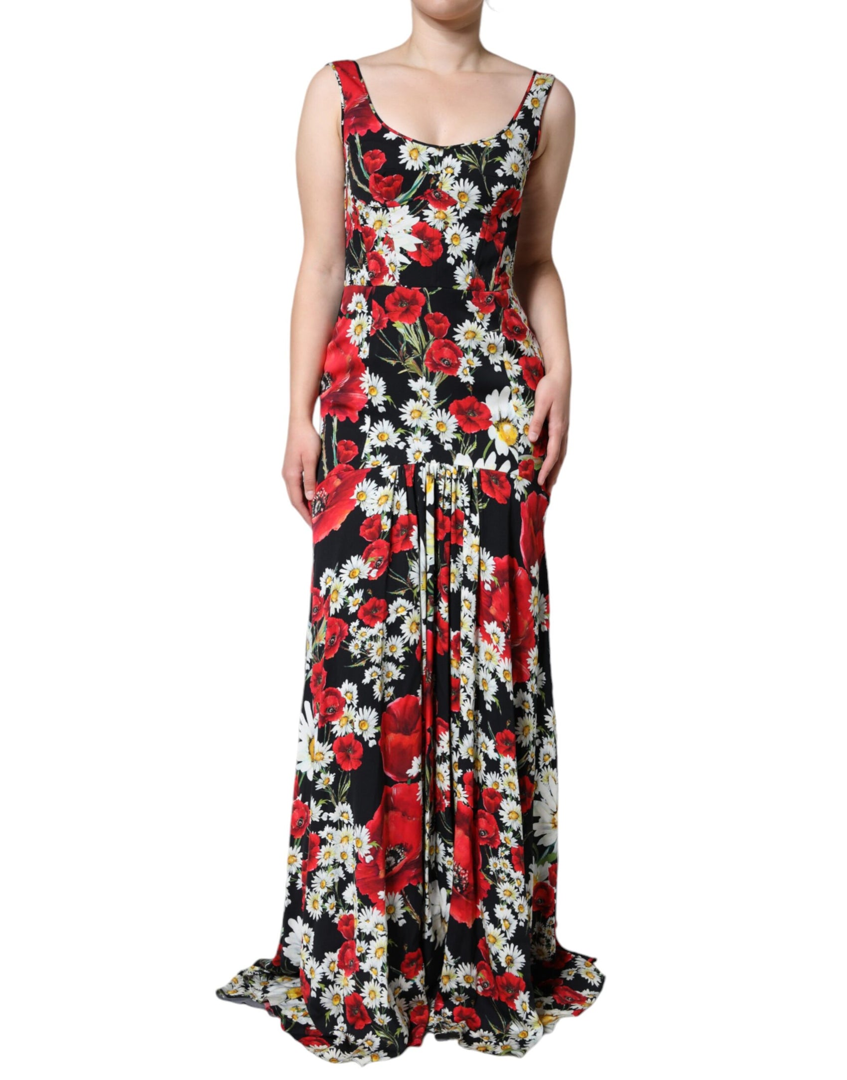 Schwarzes, ärmelloses langes Seidenkleid mit Blumenmuster